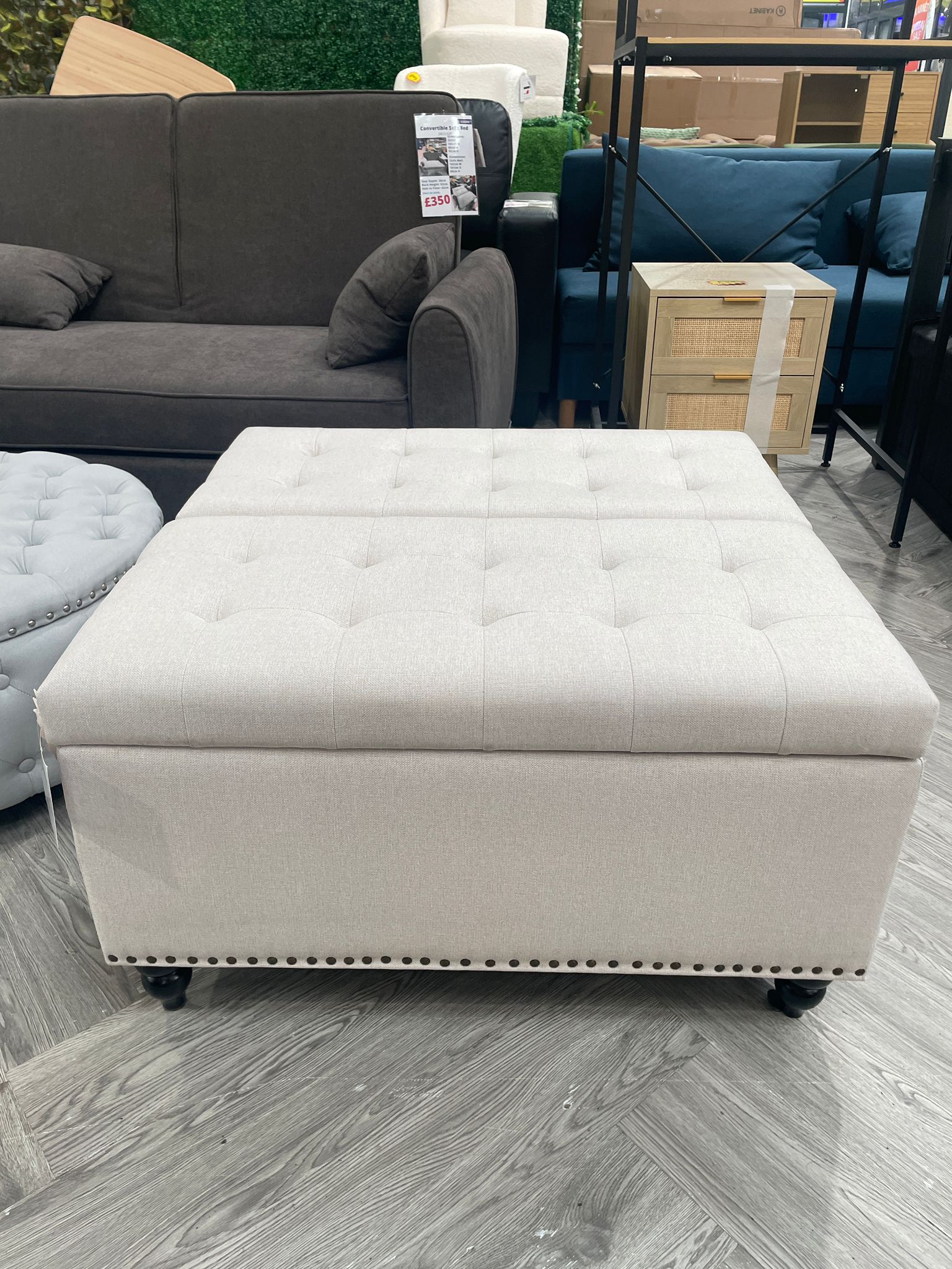 Linen Square Storage Ottoman with Lift Top and Flip Design Beige