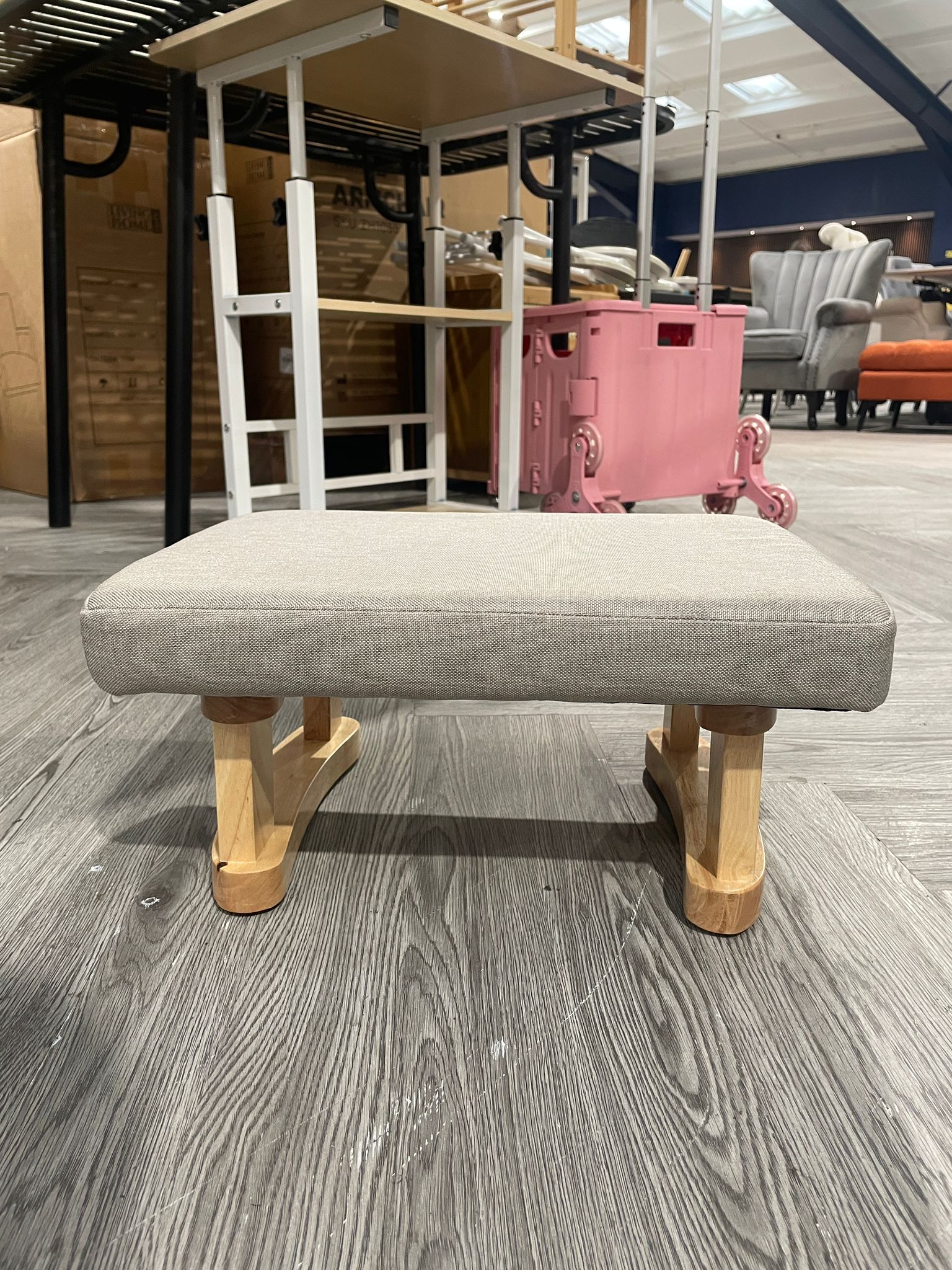Linen Footstool with Wooden Legs Khaki