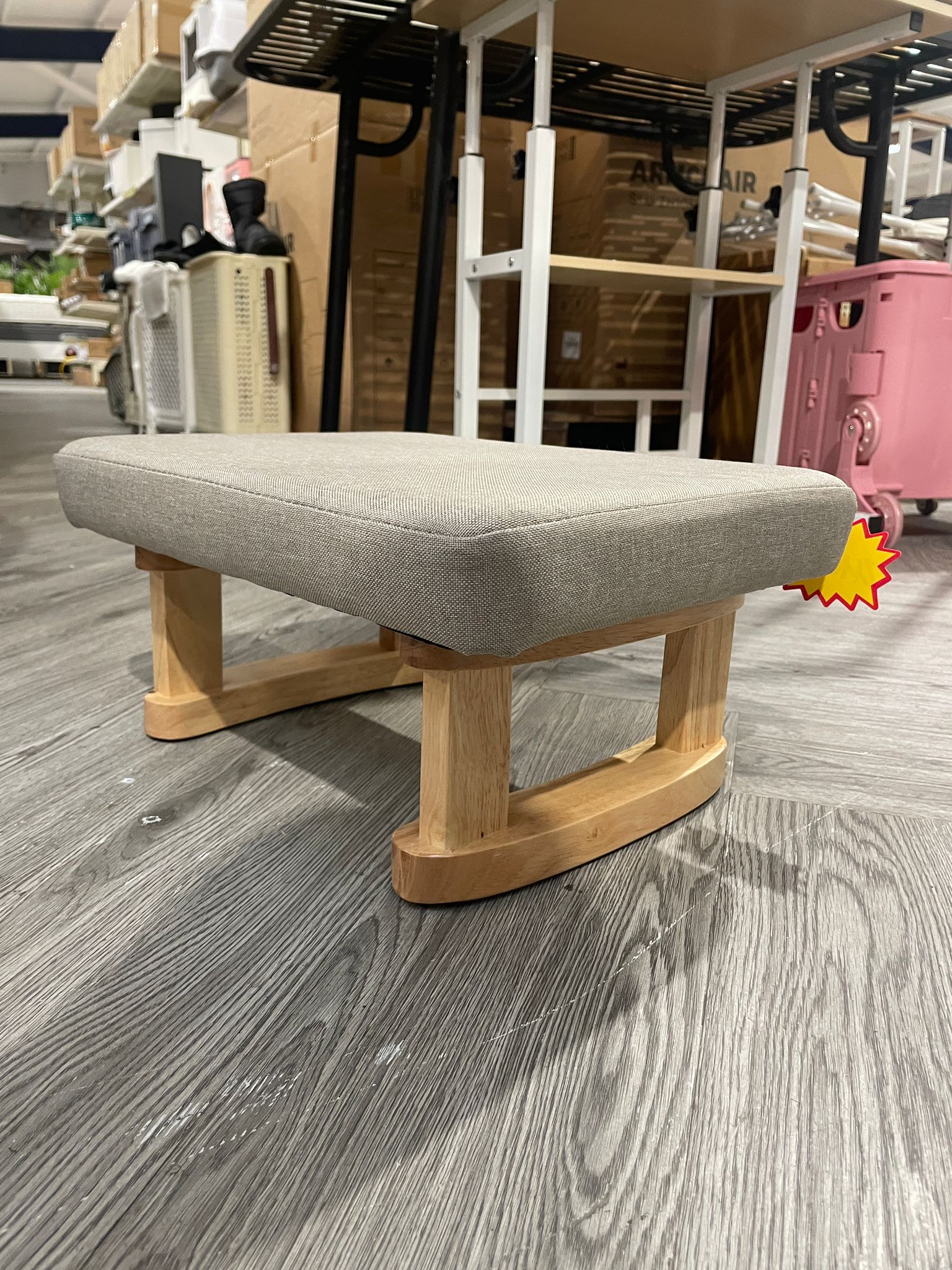 Linen Footstool with Wooden Legs Khaki
