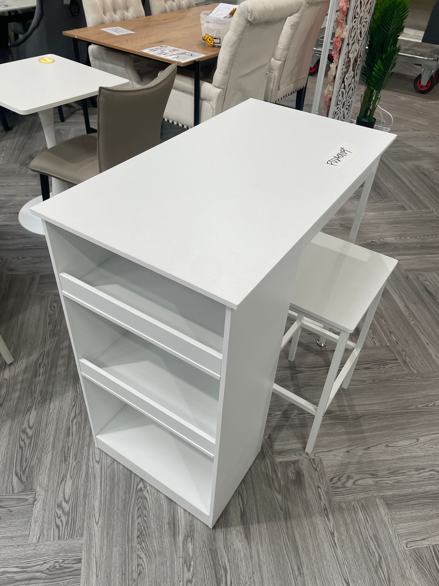 Set of 3 Bar Table with Side Shelves and 2 Bar Stools White