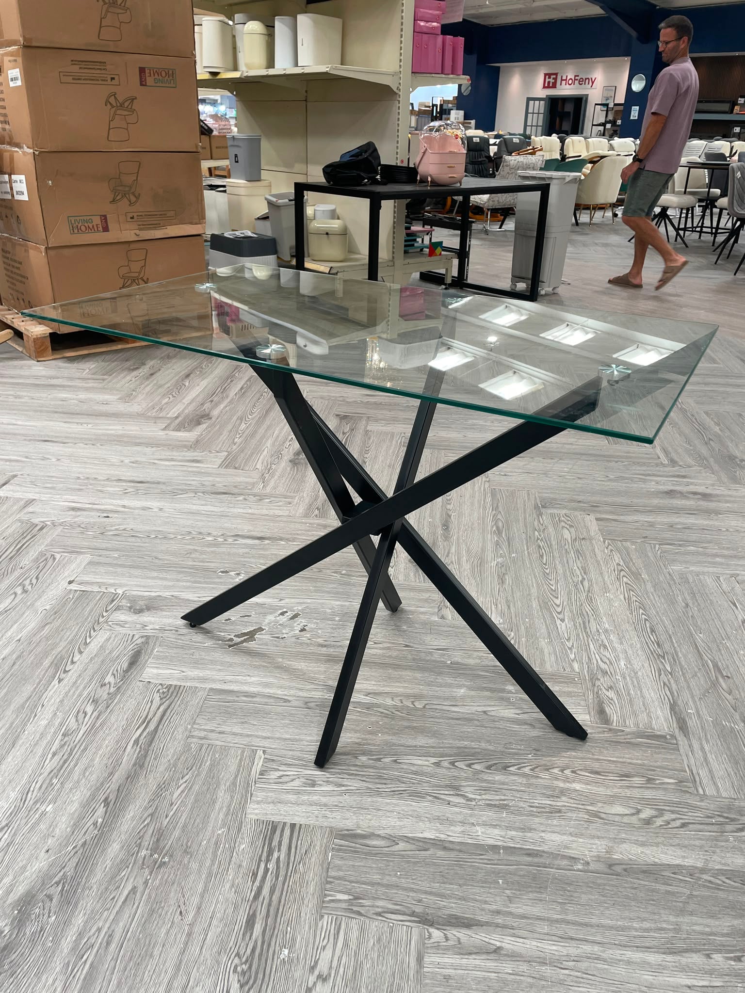 Tempered Glass Rectangular Dining Table with Iron Legs