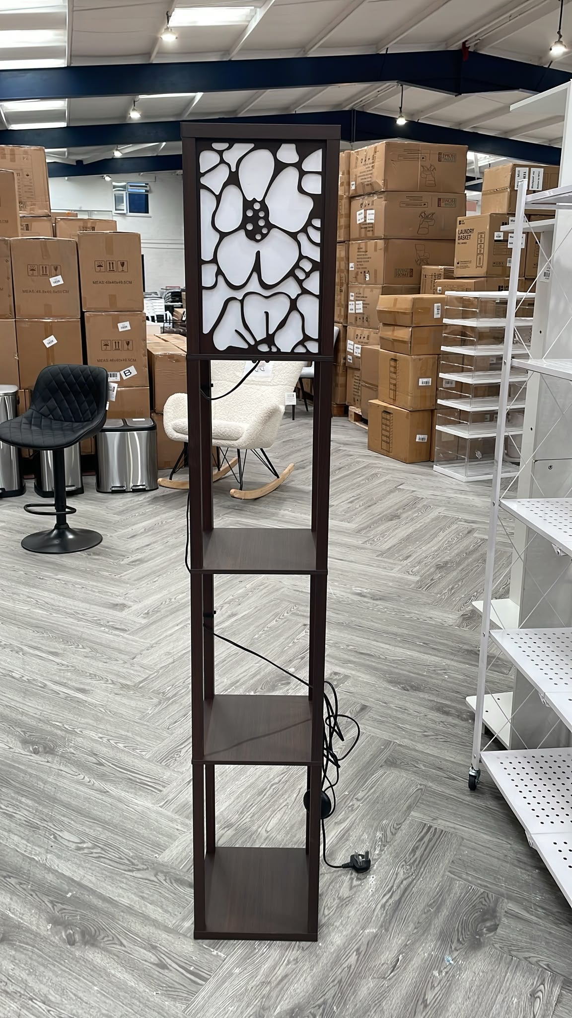 Floral Floor Lamp Wood Standing with Storage Shelf Black