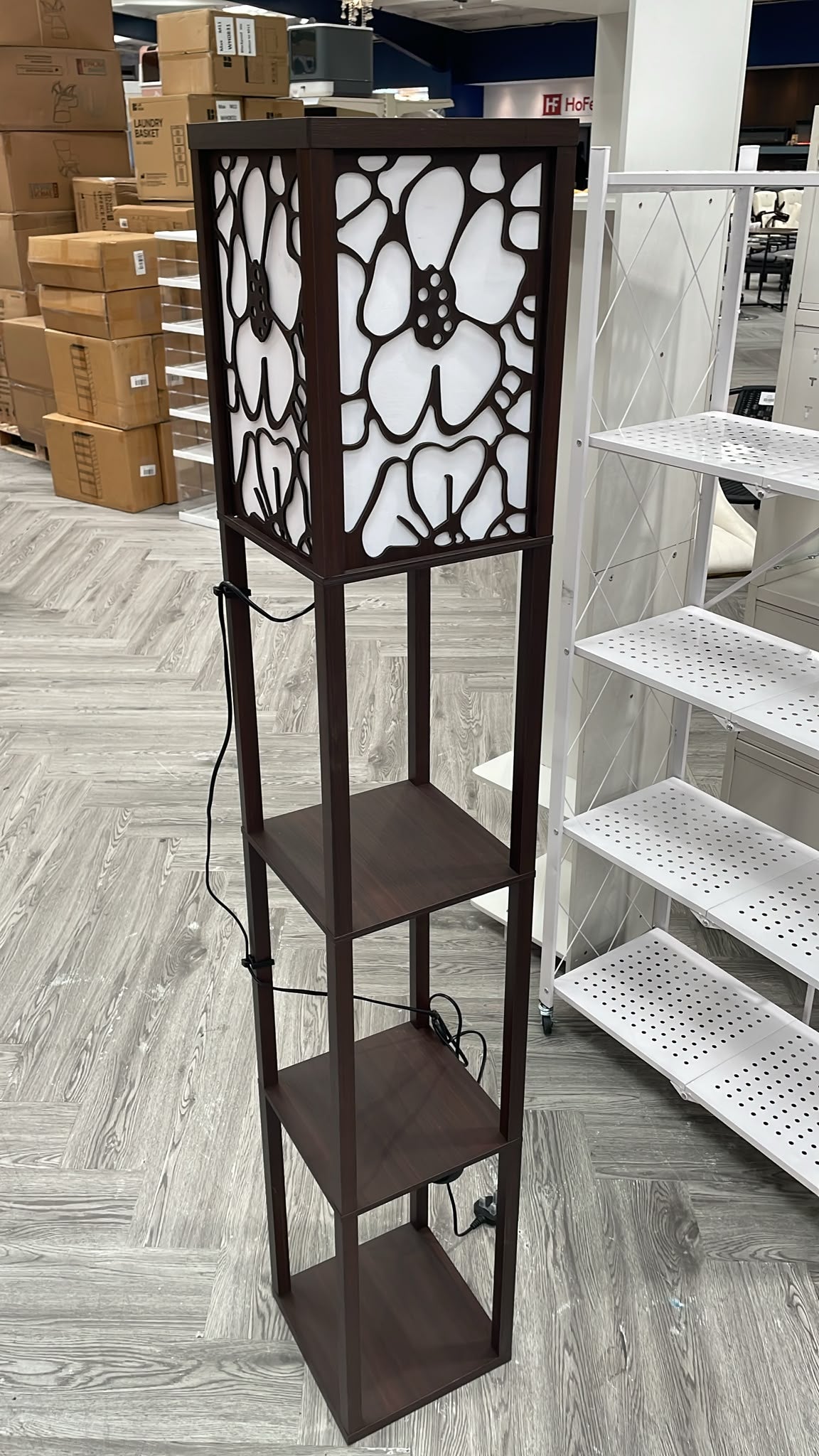 Floral Floor Lamp Wood Standing with Storage Shelf Black