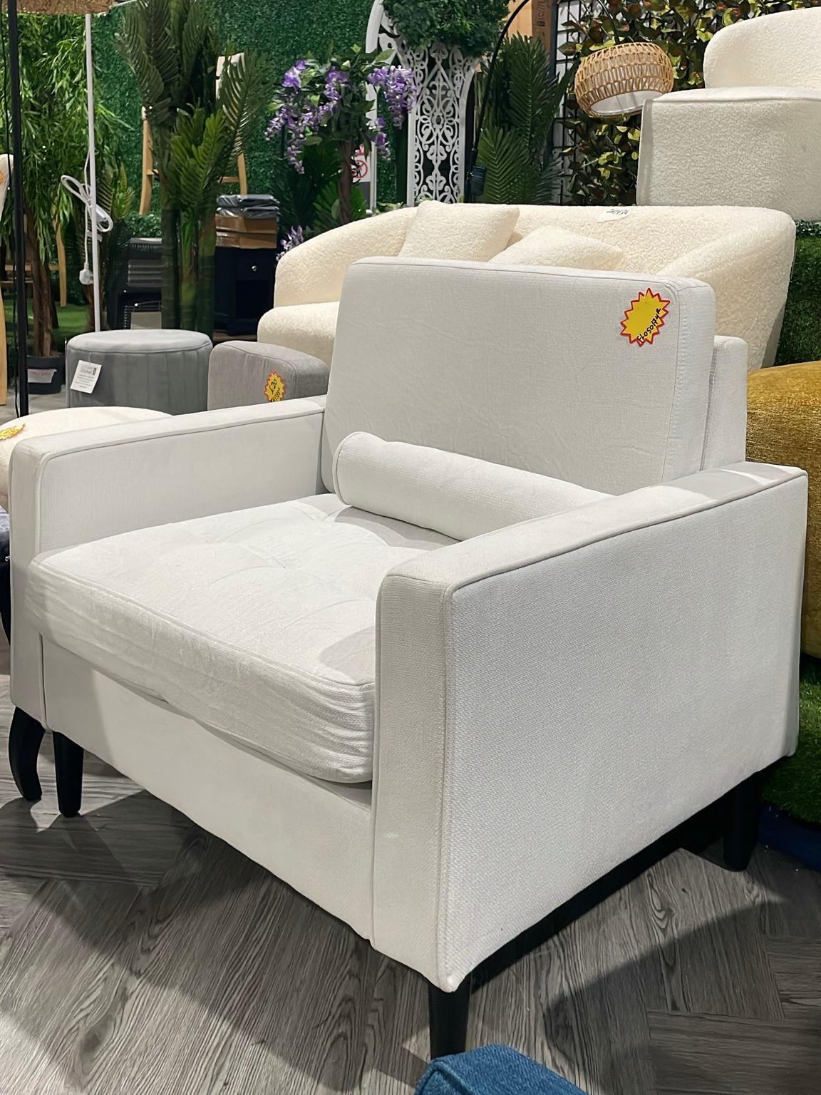Linen Single Sofa Armchair with Four Wooden Legs White