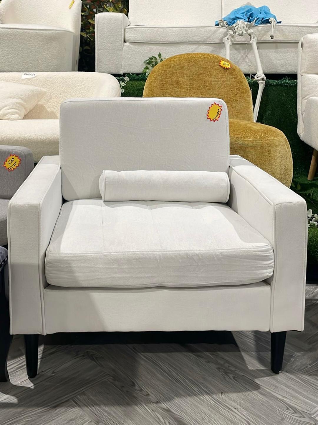 Linen Single Sofa Armchair with Four Wooden Legs White