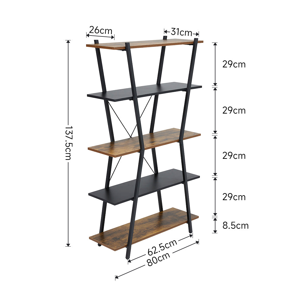 New 5 Tier Open Storage Rack Shelf with X Shaped Metal Brace Black and Brown
