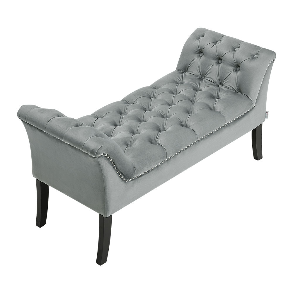 New Grey Velvet Upholstered Button Tufted Bench with Nail head Trim