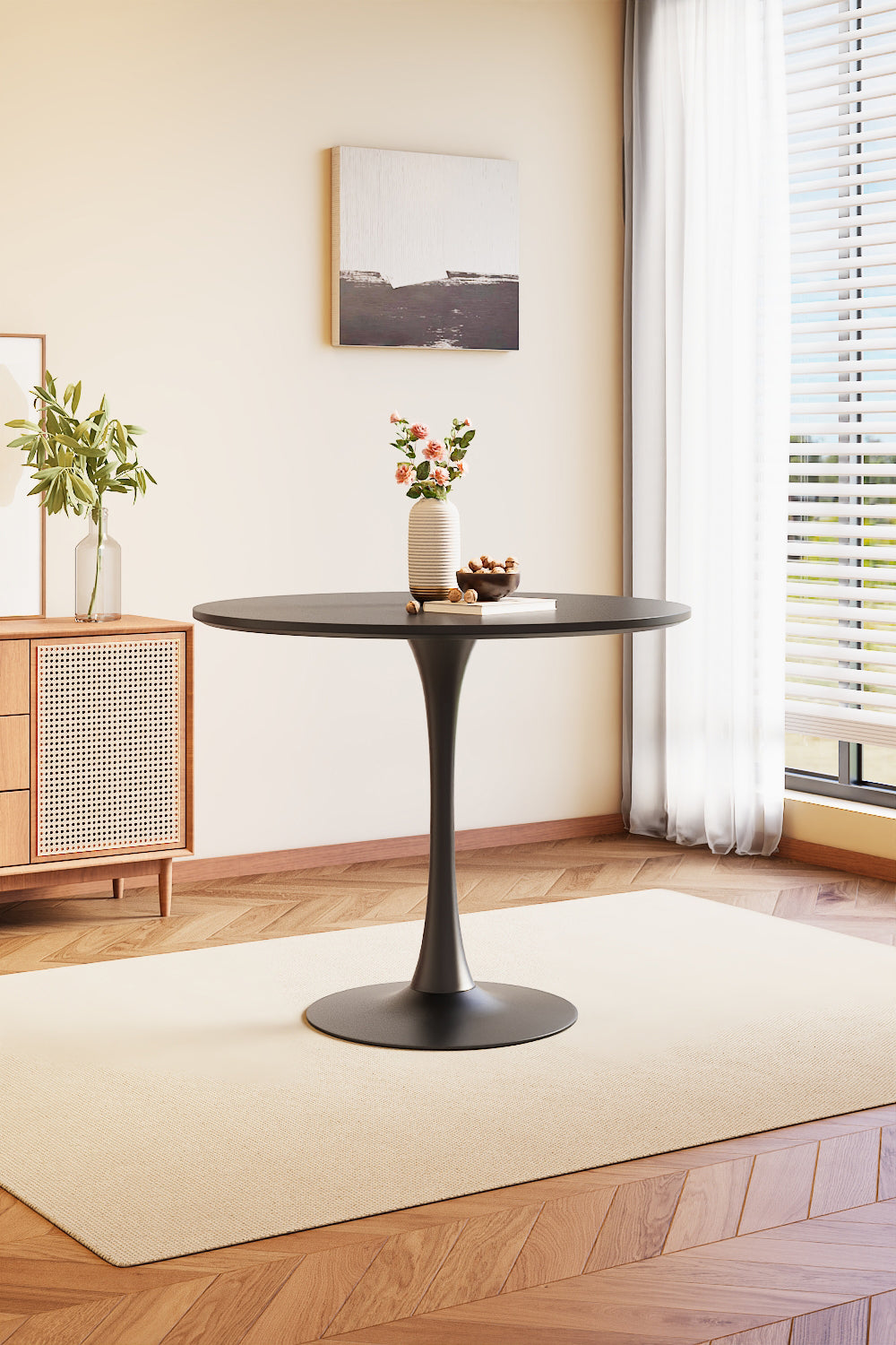 New Black Modern Round Wooden Table with Metallic Base
