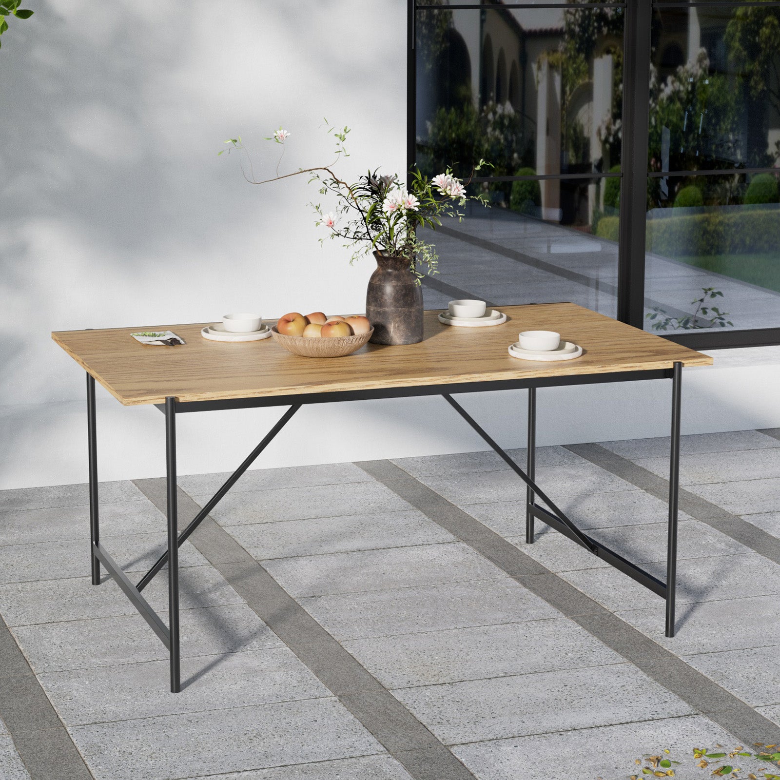 New Black Woven Wicker Wooden Dining Table
