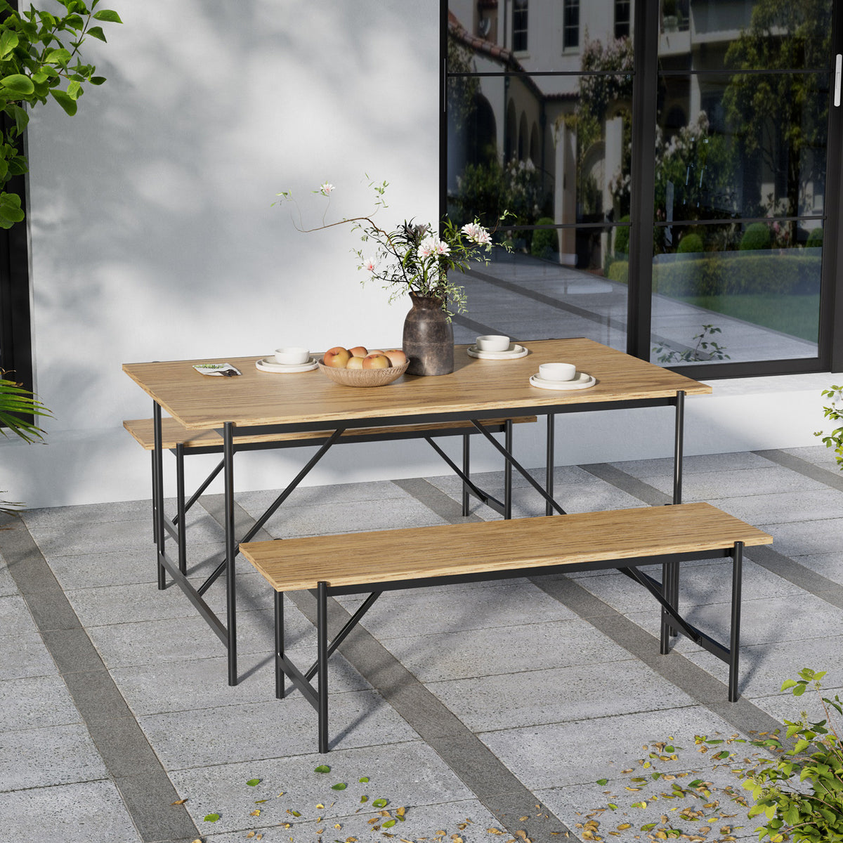 New Black Woven Wicker Wooden Dining Table