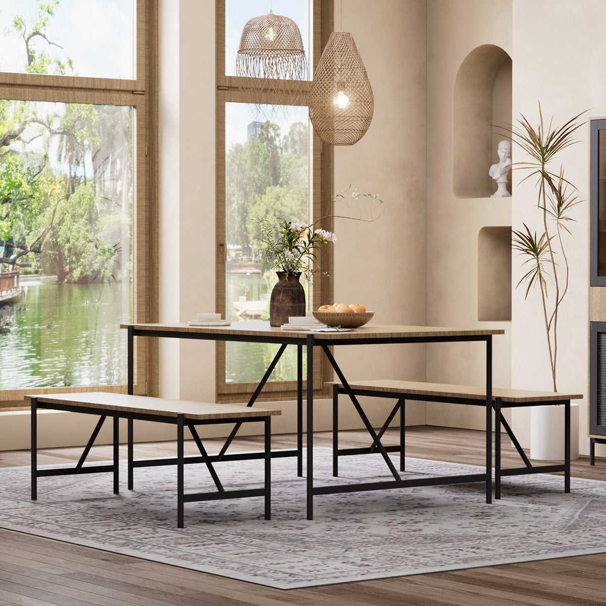 New Black Woven Wicker Wooden Dining Table