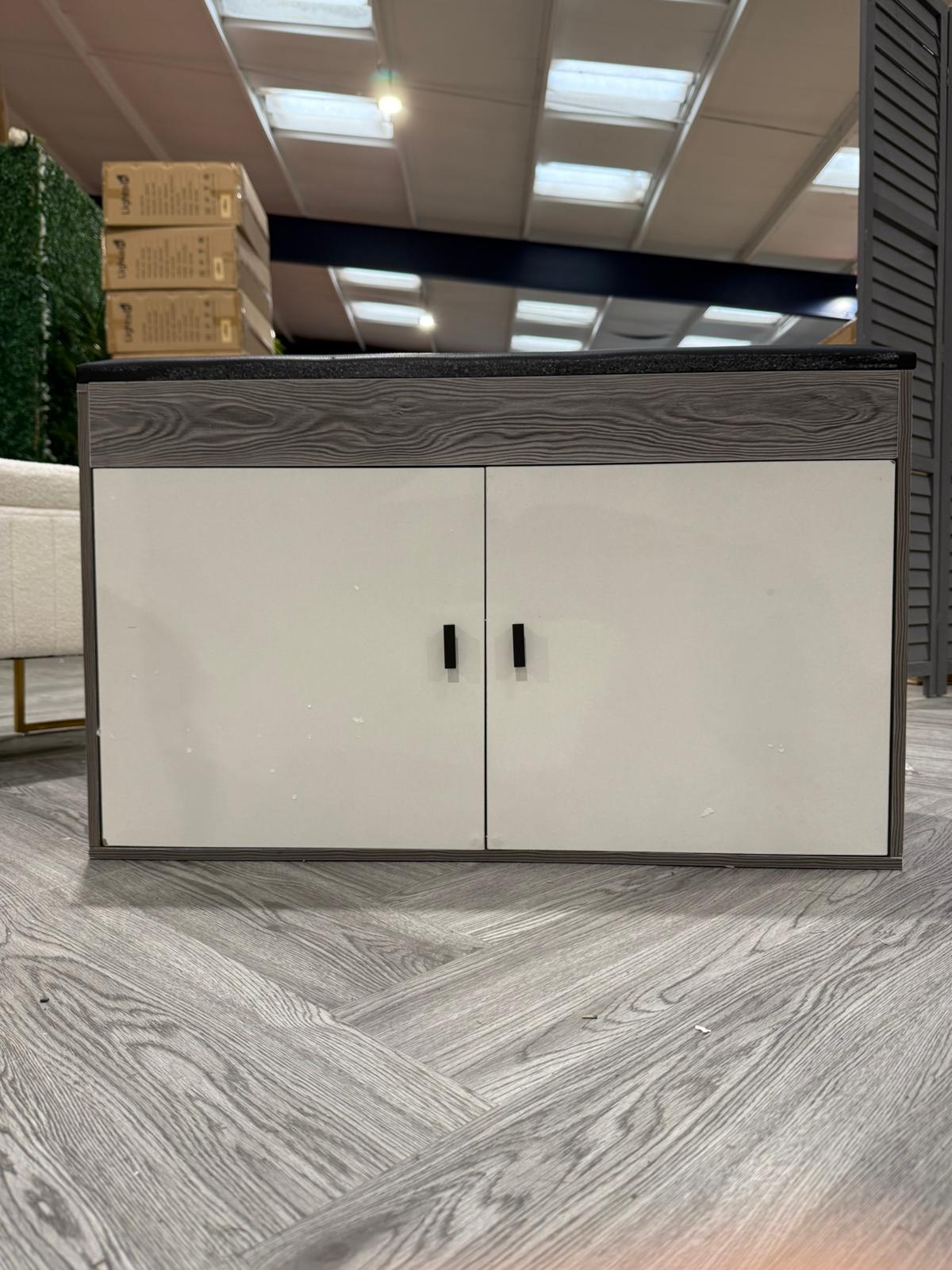Grey Shoe Cabinet with Seat Cushion and Doors