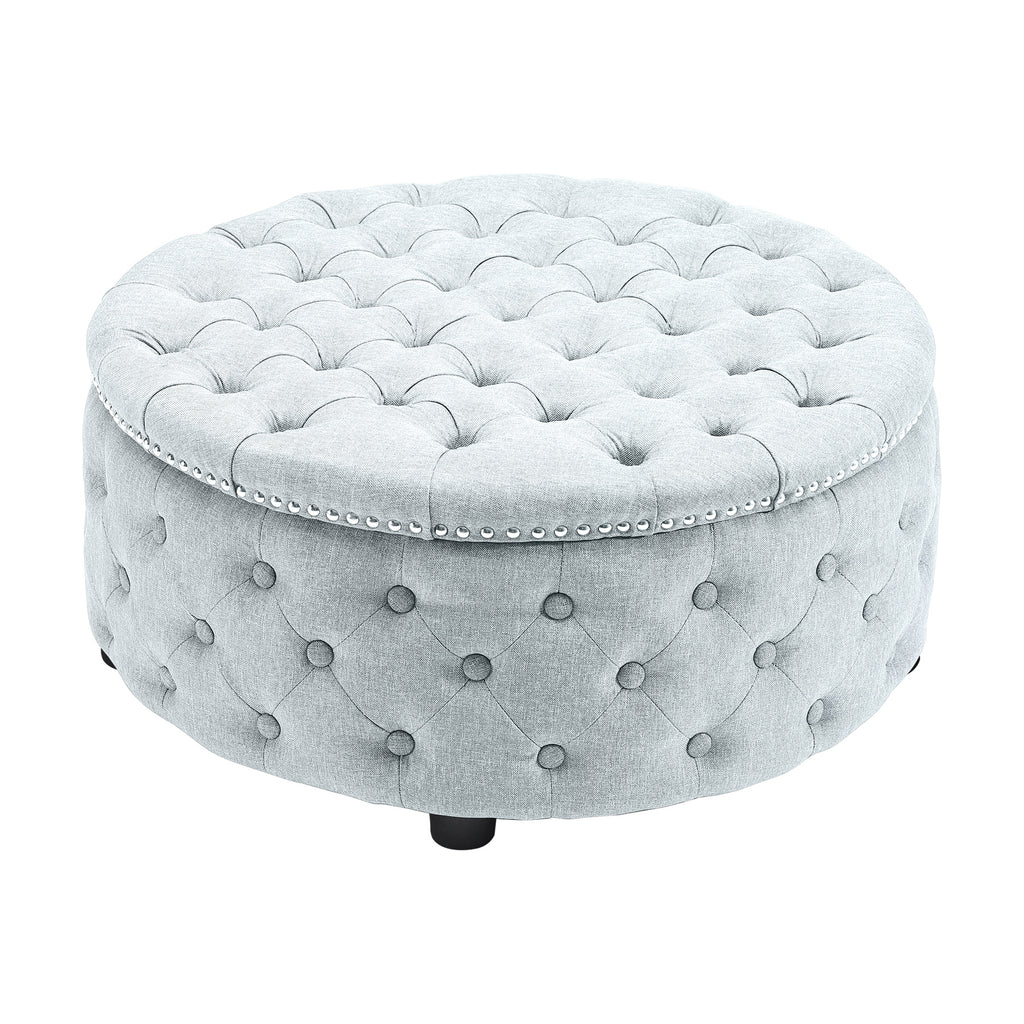 New Round Linen Deep Buttoned Ottoman with Studded Edge Grey White