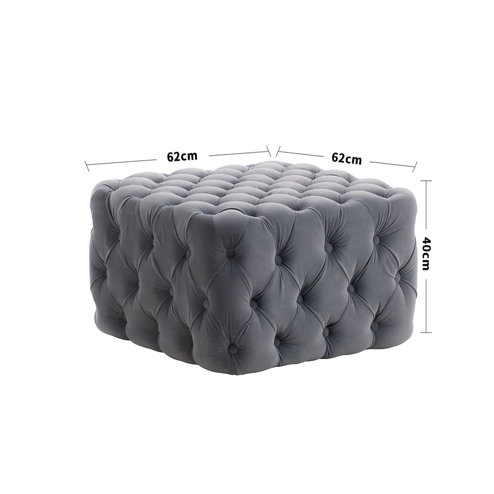 New Grey Velvet Buttoned Tufted Footstool 62cm x 62cm