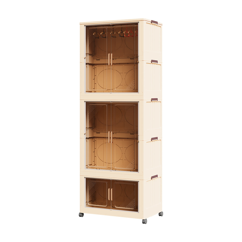 New 3 Tier Plastic Wardrobe with Transparent Panels and Wheels Beige White