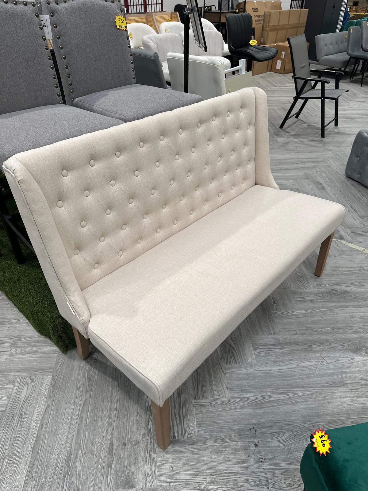 Beige Linen Upholstered Tufted Dining Bench