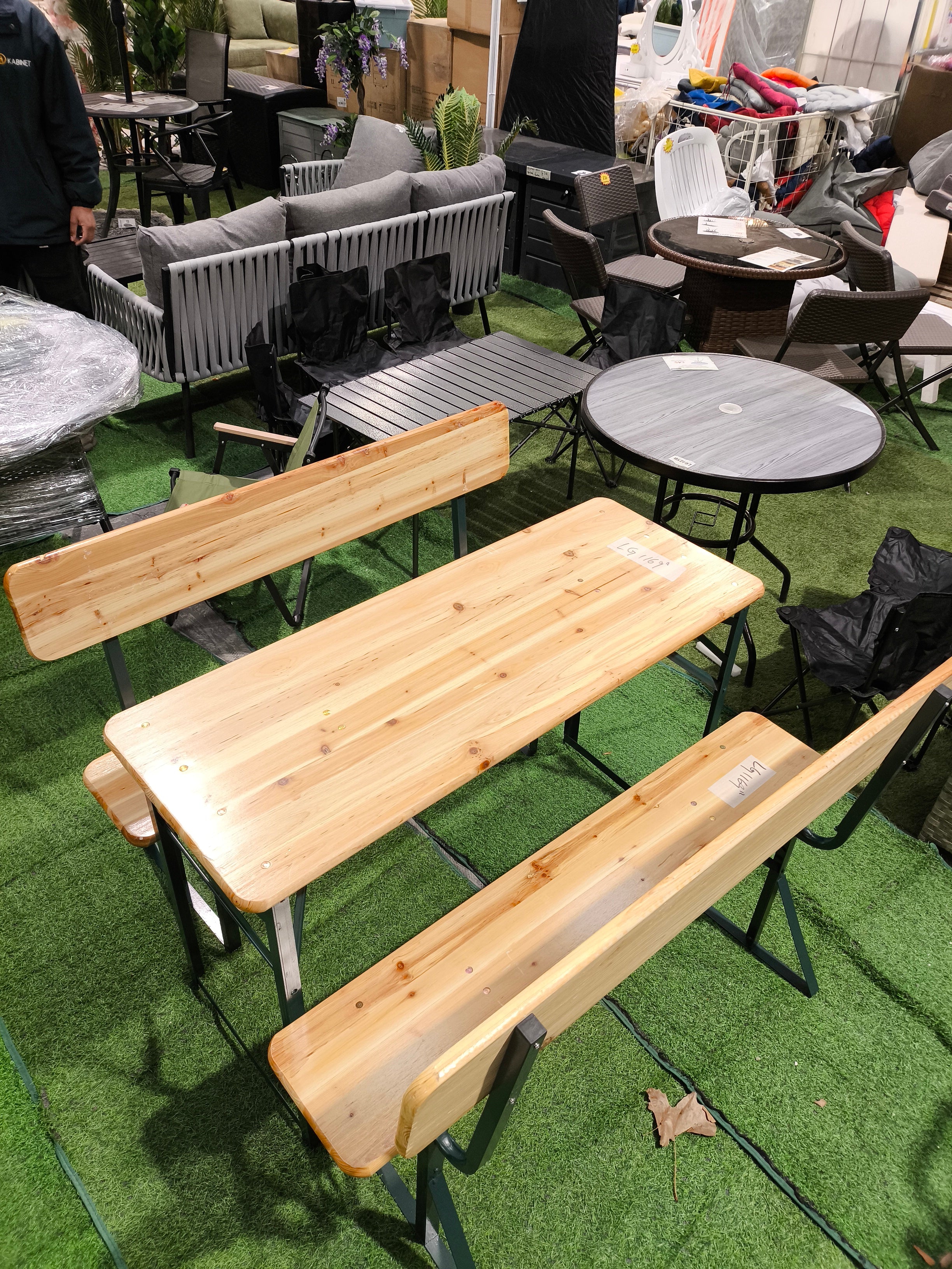 Set of 3 Wooden Folding Garden Benches with Backrest and Table Set