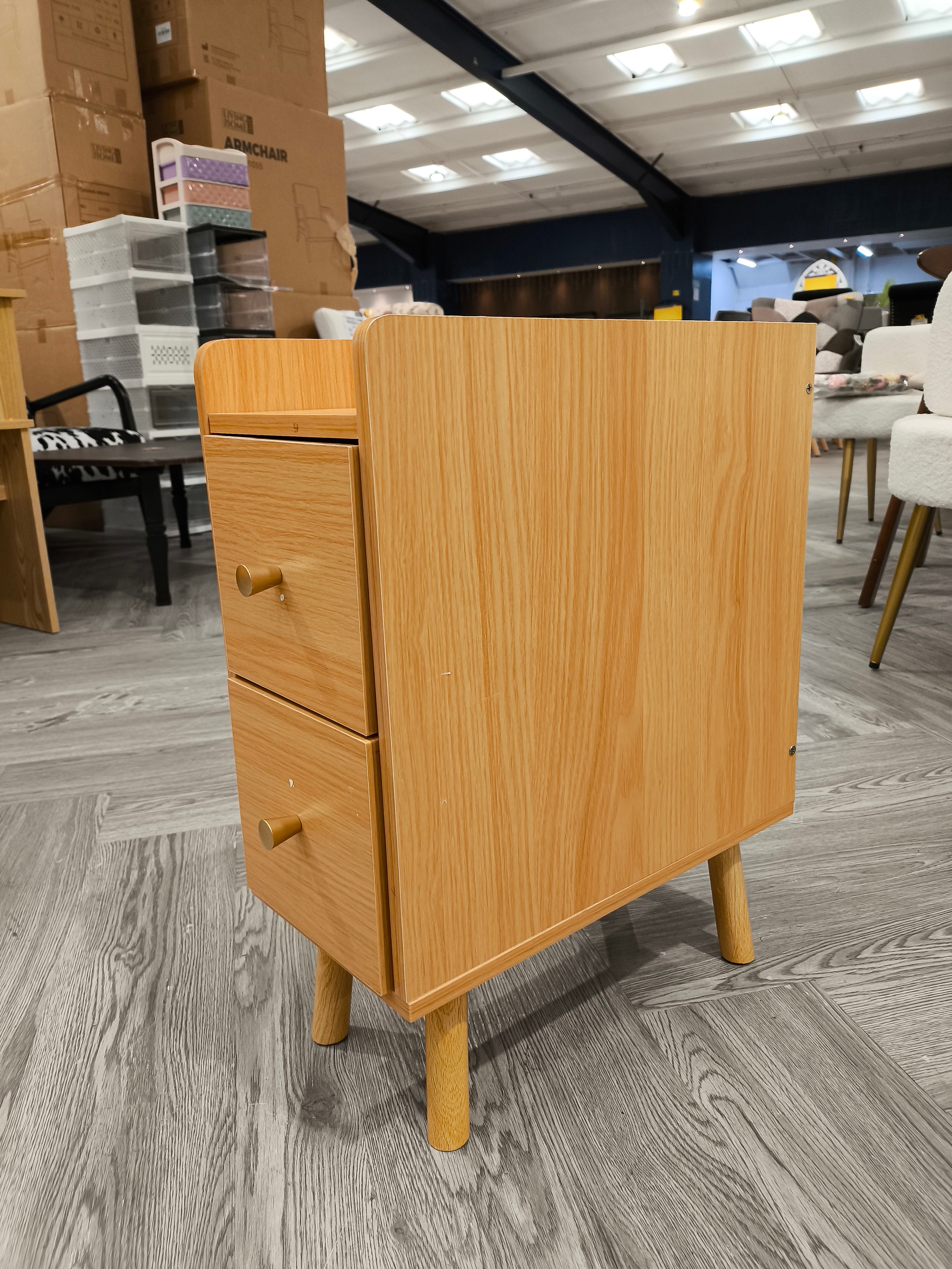 Wooden Bedside Table with Two Drawers and Wooden Legs
