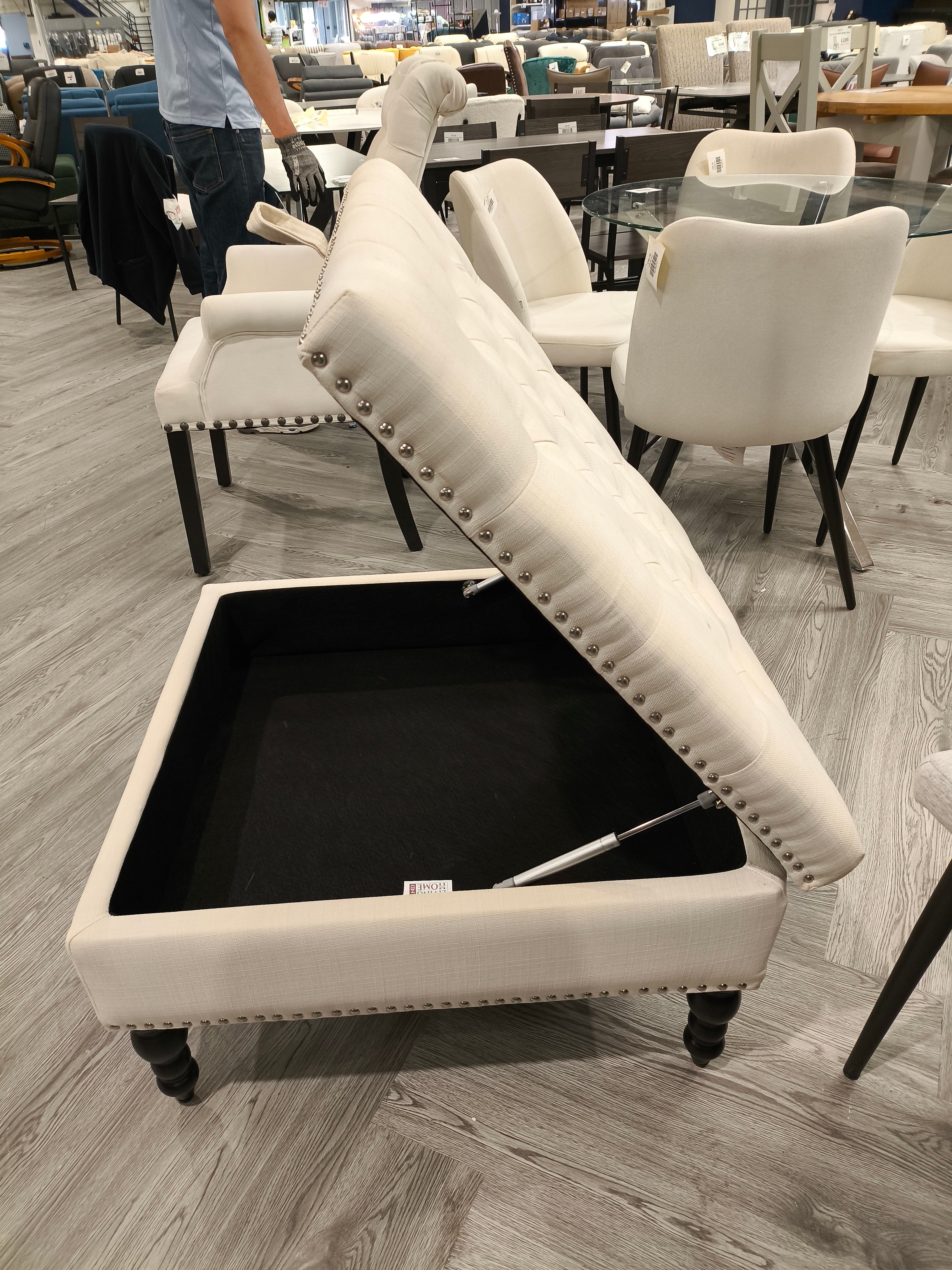 Linen Square Nailhead Storage Ottoman Beige