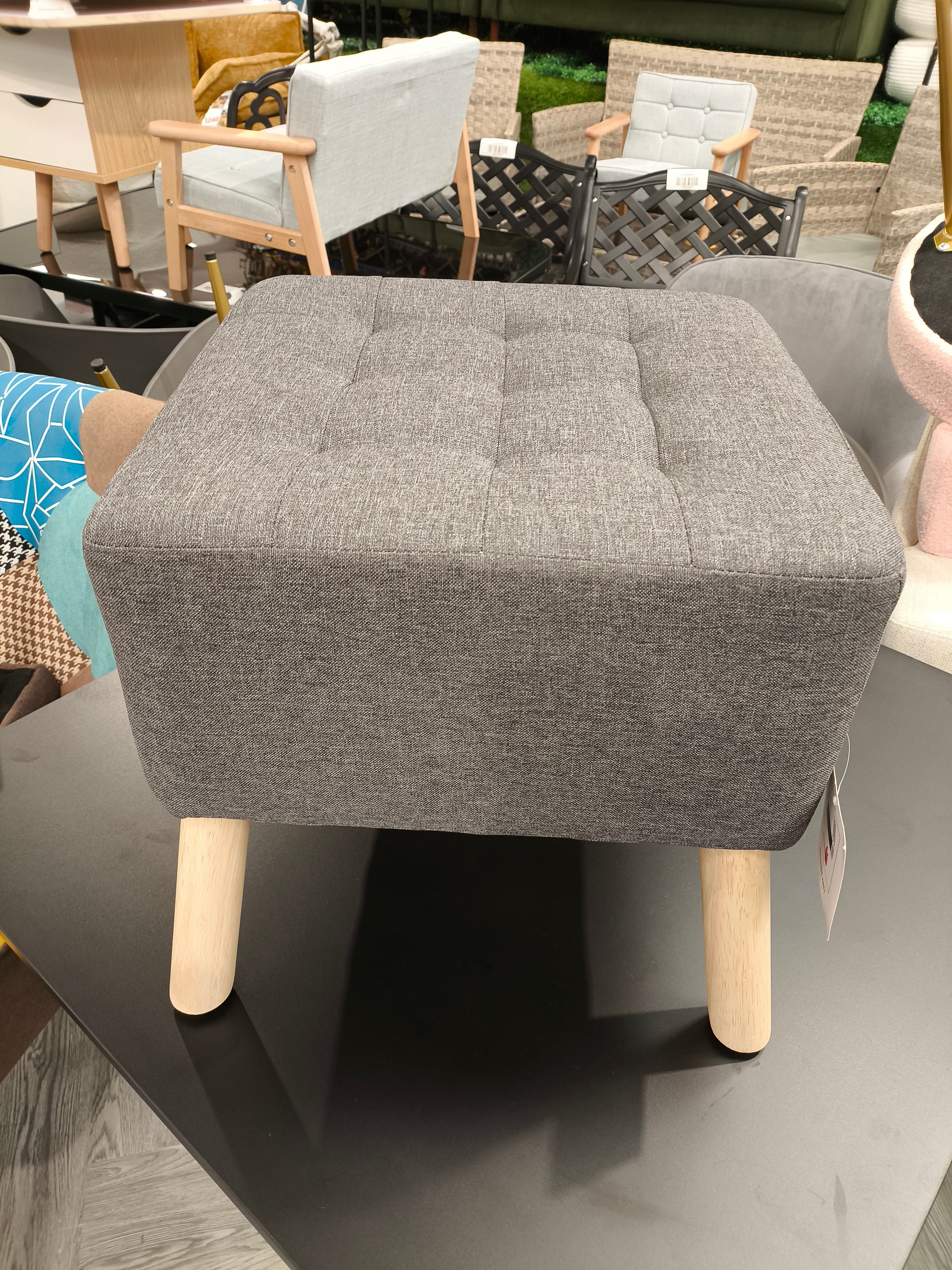 Square Linen Footstool with Wooden Legs Grey