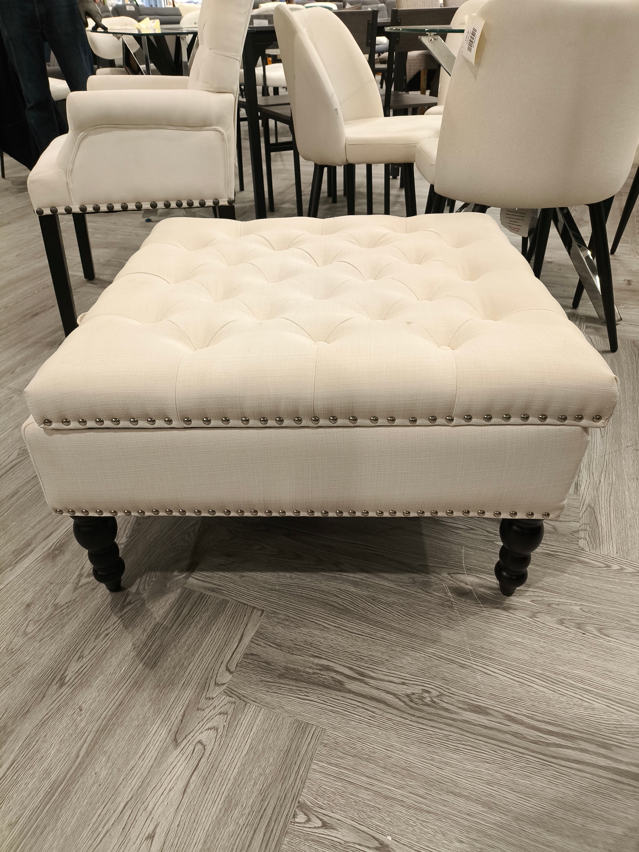 Linen Square Nailhead Storage Ottoman Beige