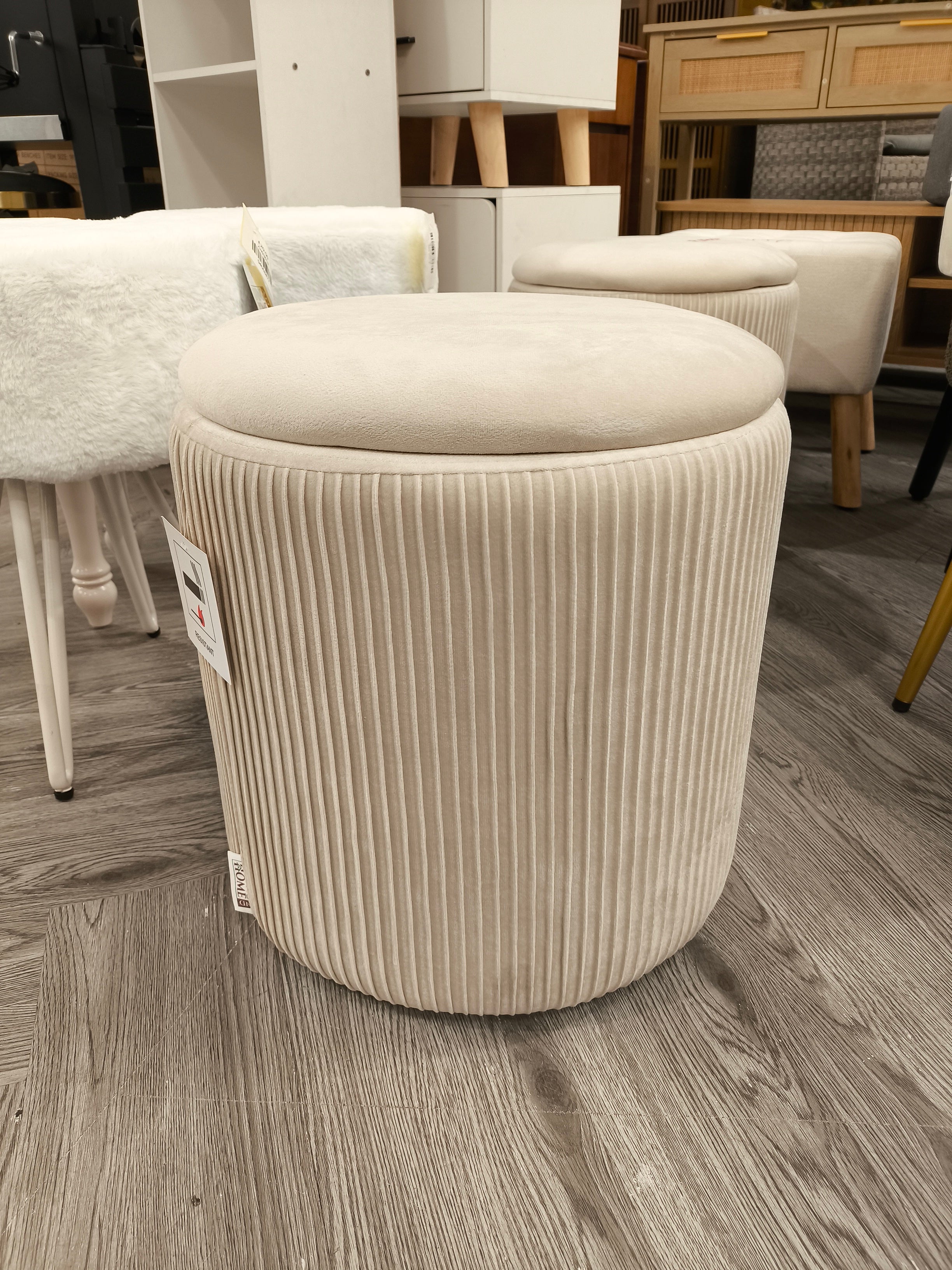 Velvet Upholstered Round Storage Ottoman Beige