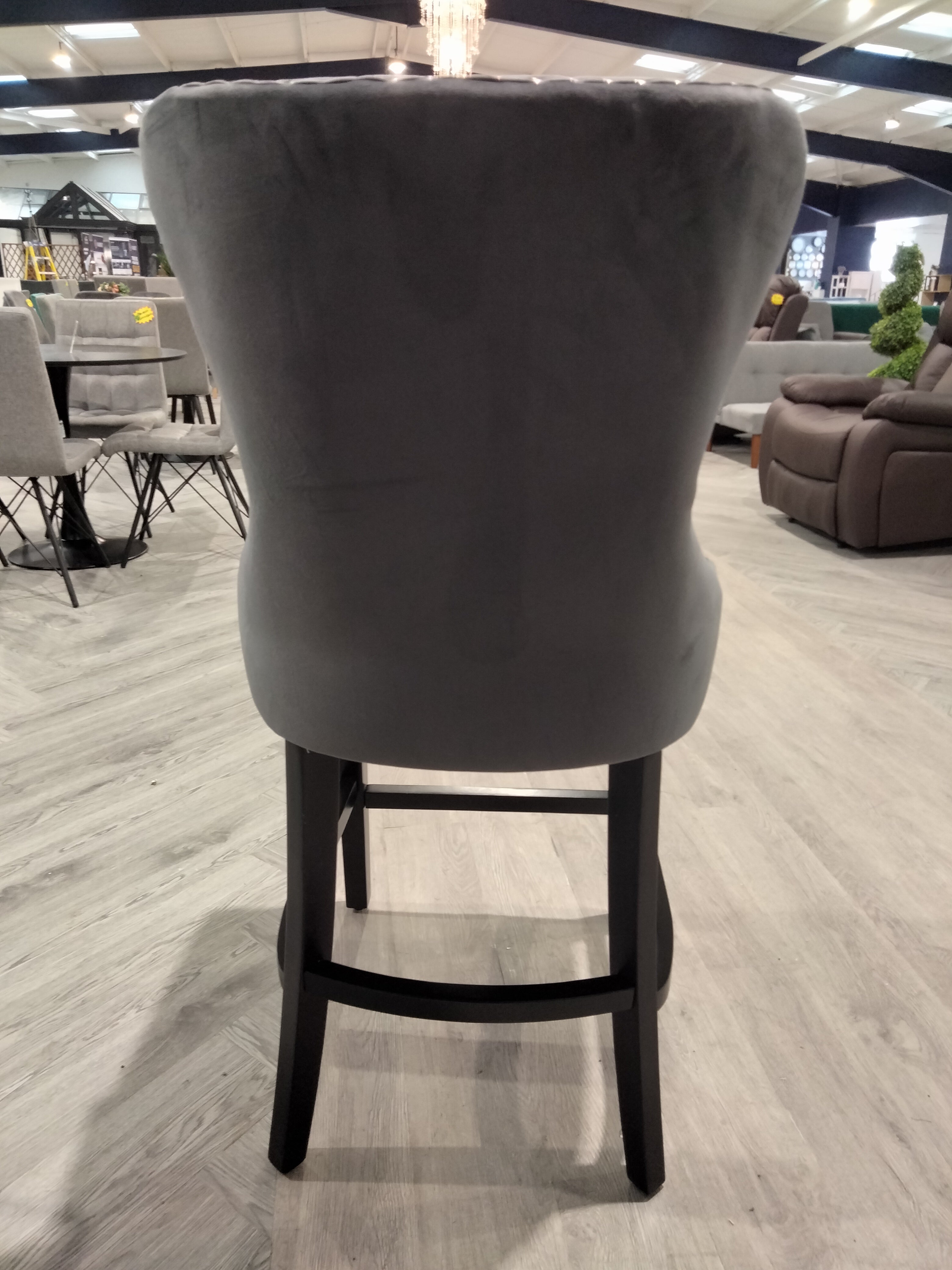 Grey Velvet Nailhead Buttoned Bar Stool with Black Wooden Legs