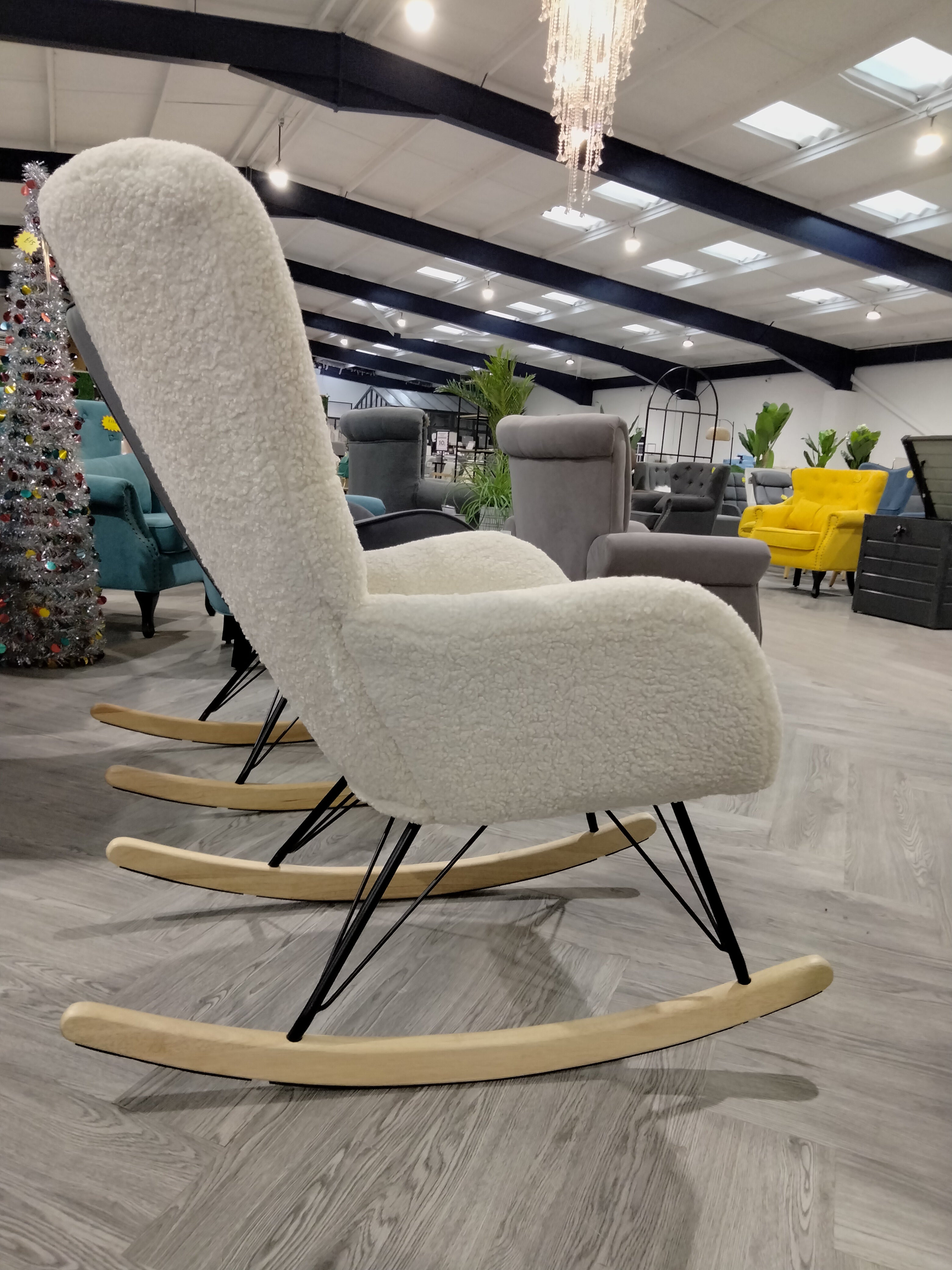 Cream Faux Wool Rocking Chair with Removable Cushion