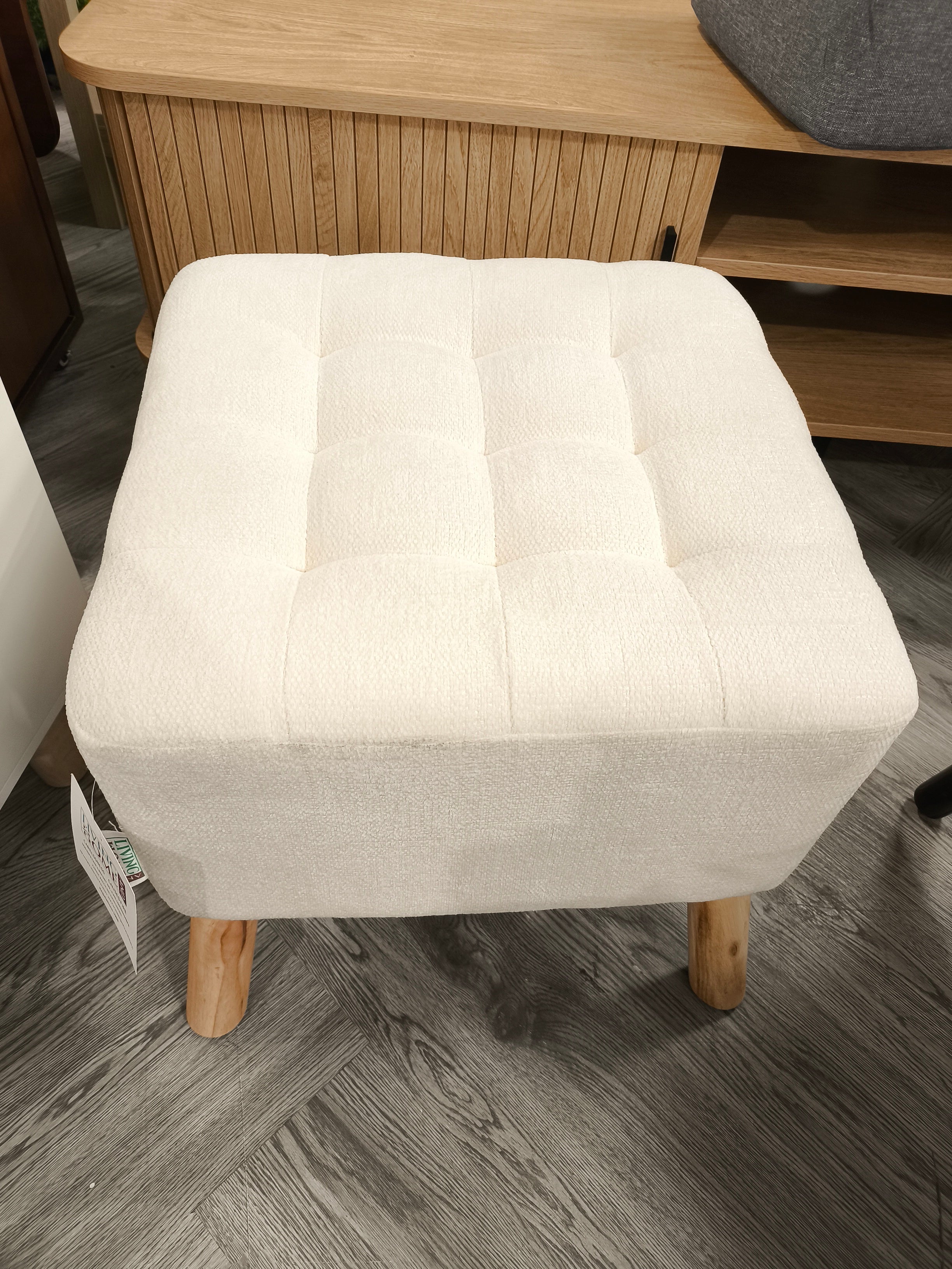 Chenille Upholstered Button Tufted Square Footstool Beige
