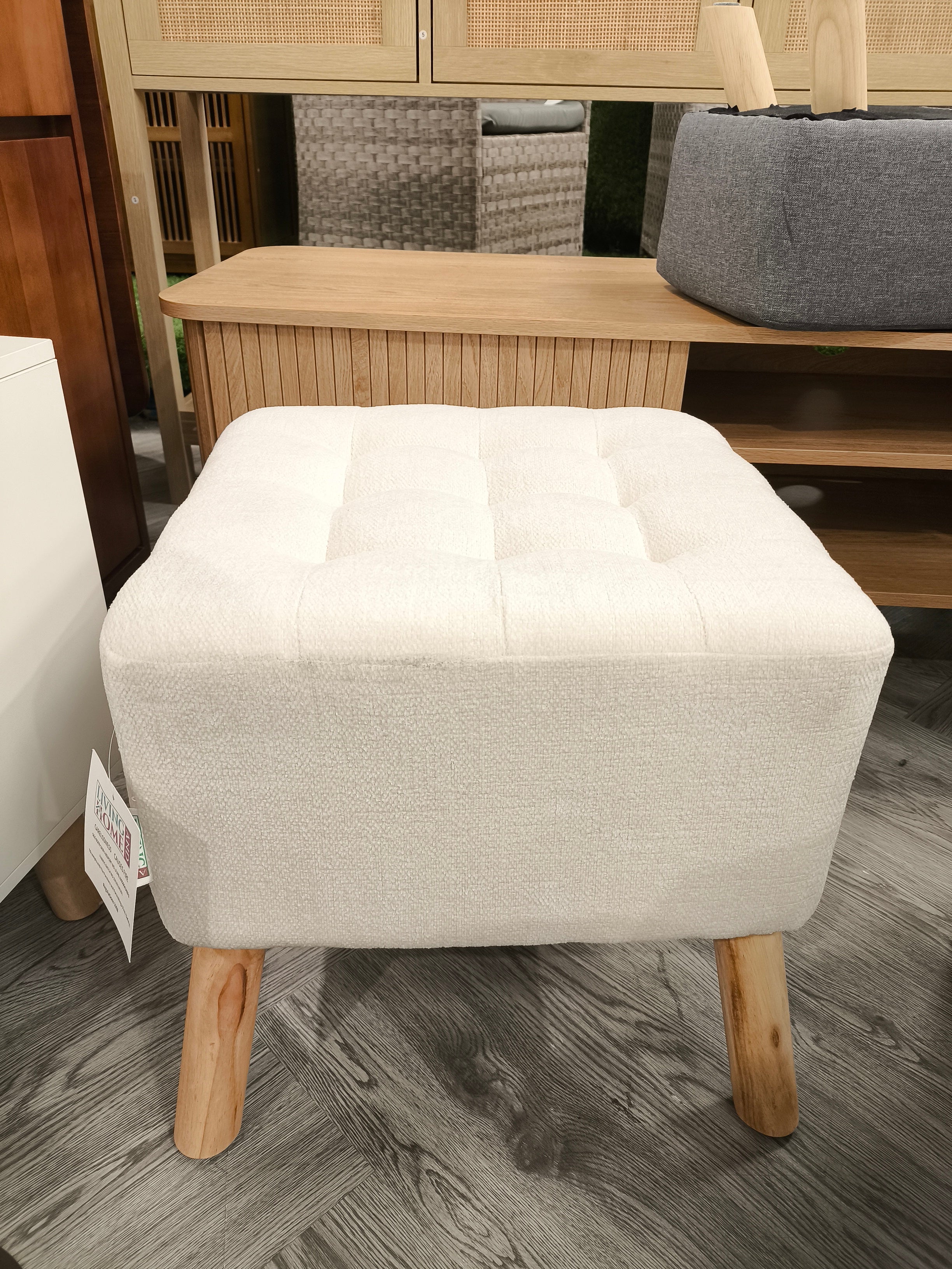 Chenille Upholstered Button Tufted Square Footstool Beige