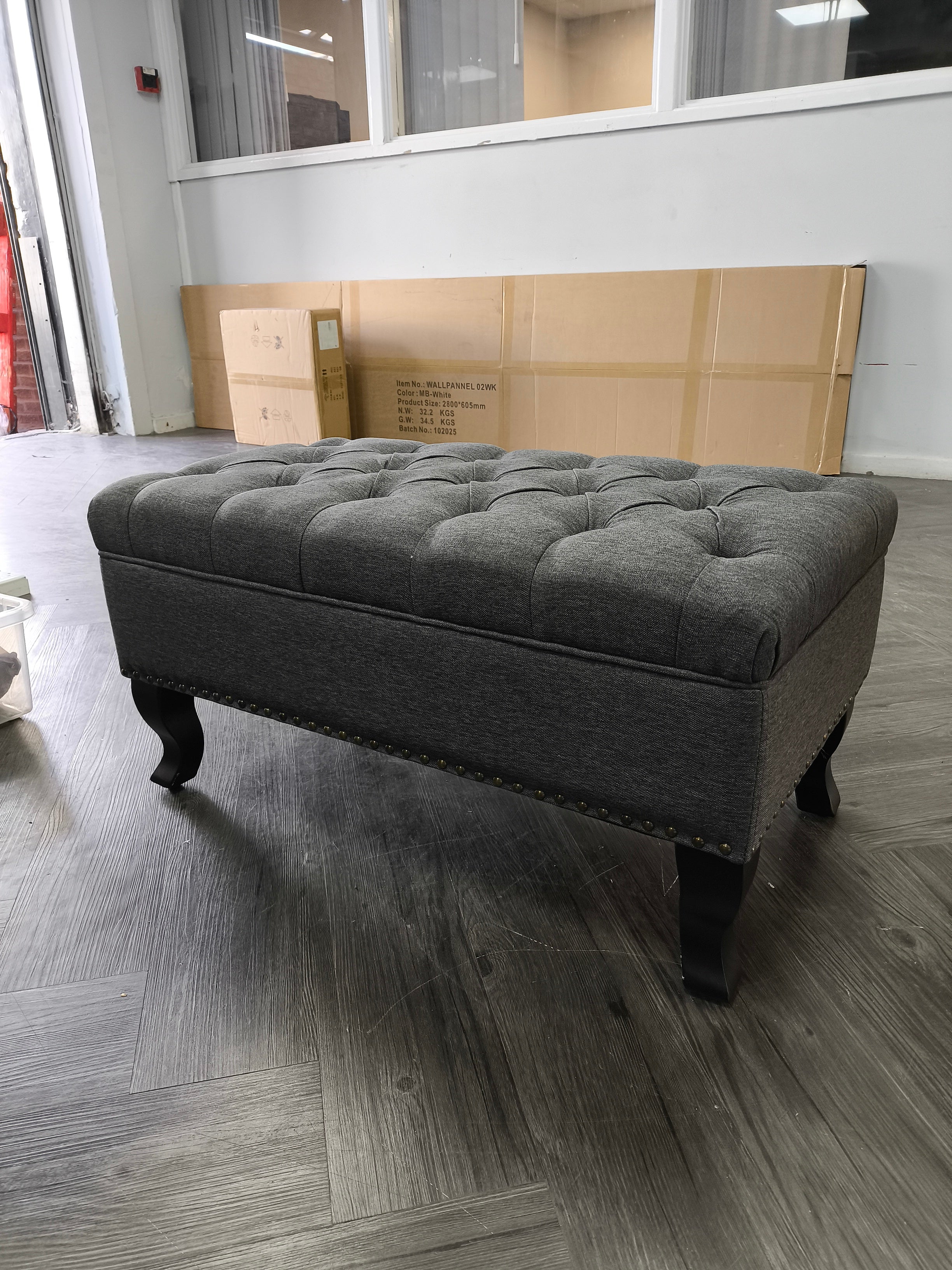 Nailhead Trim Button Tufted Upholstered Bench Footstool Grey