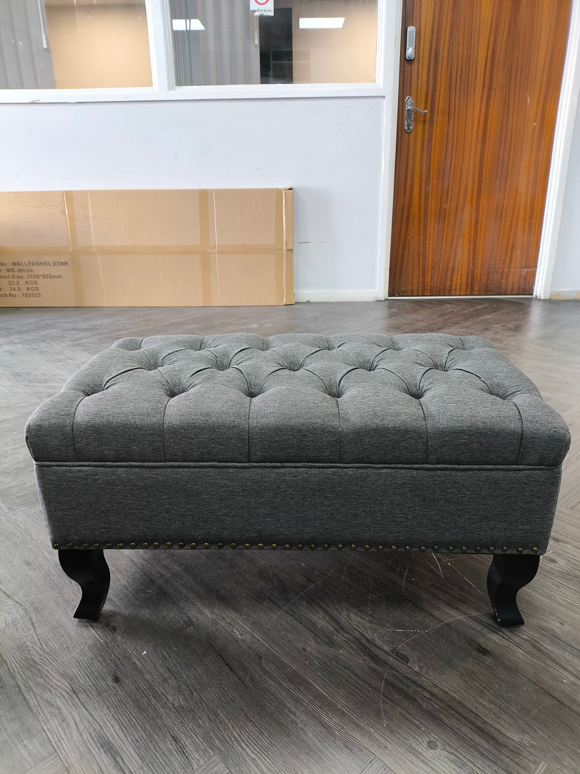 Nailhead Trim Button Tufted Upholstered Bench Footstool Grey