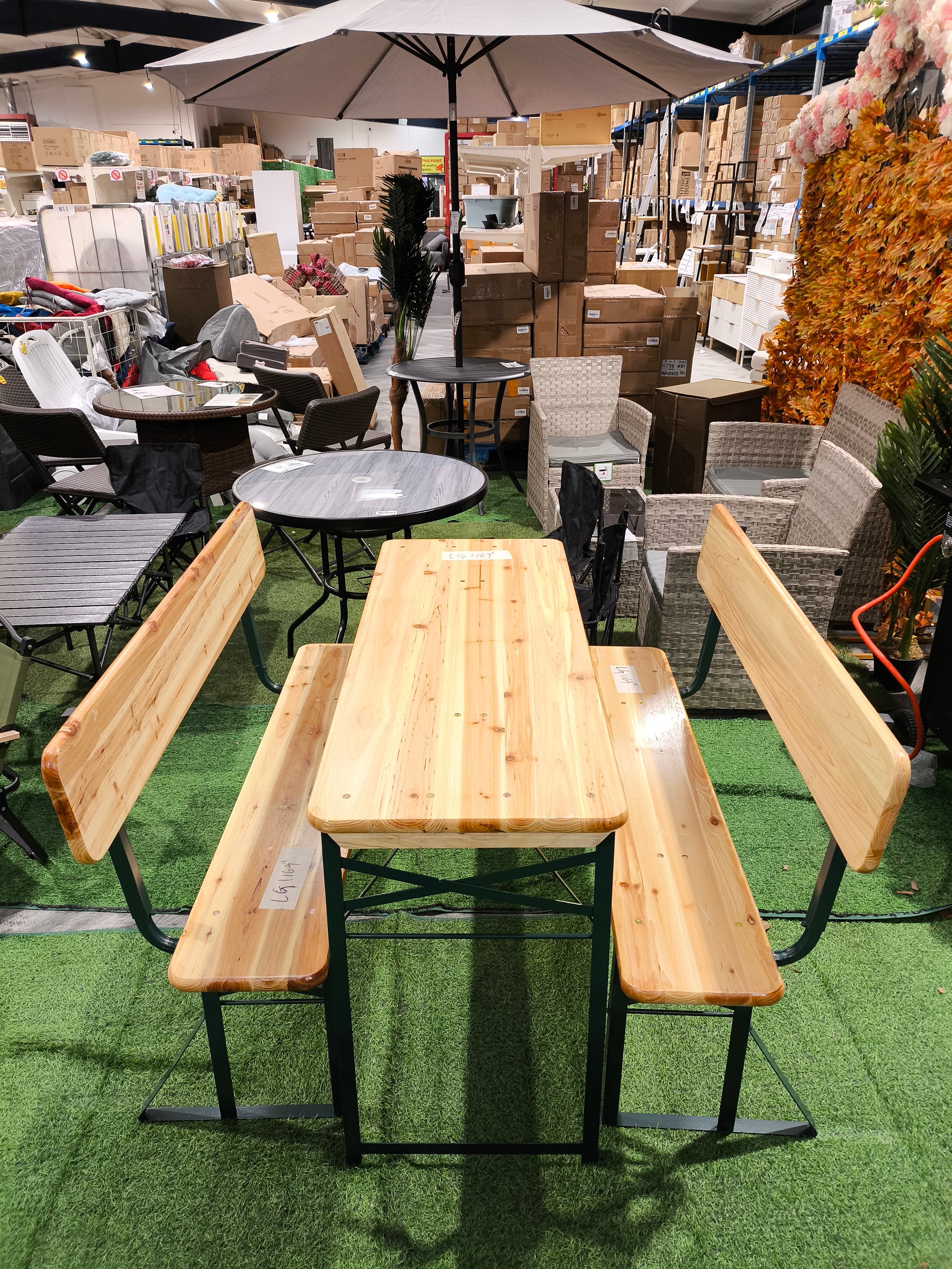 Set of 3 Wooden Folding Garden Benches with Backrest and Table Set