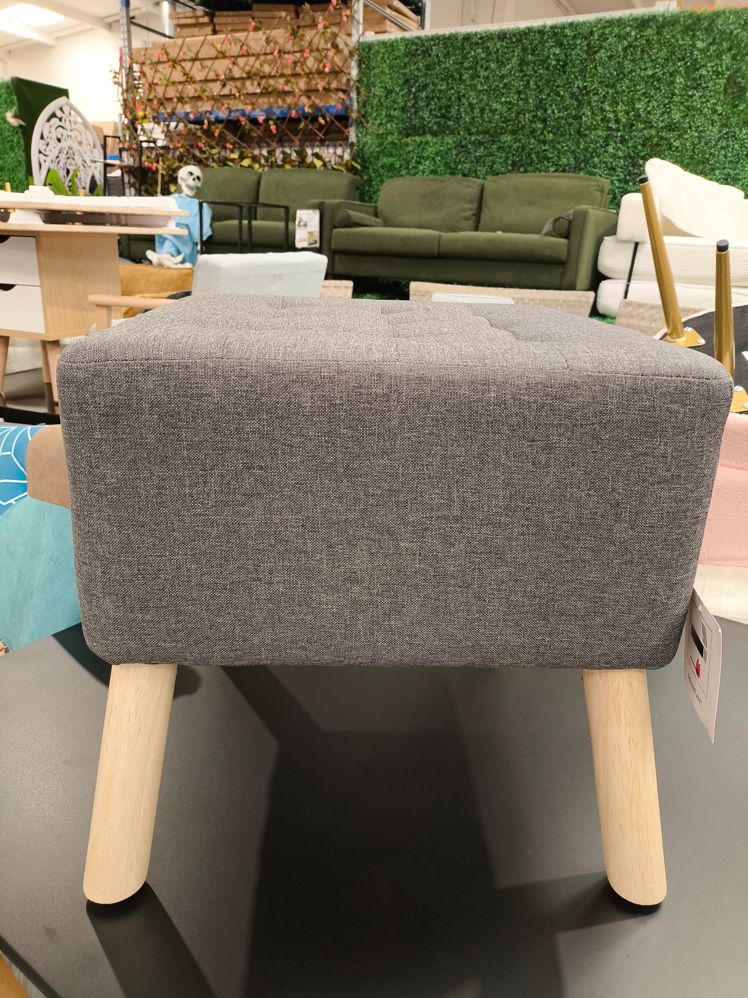 Square Linen Footstool with Wooden Legs Grey