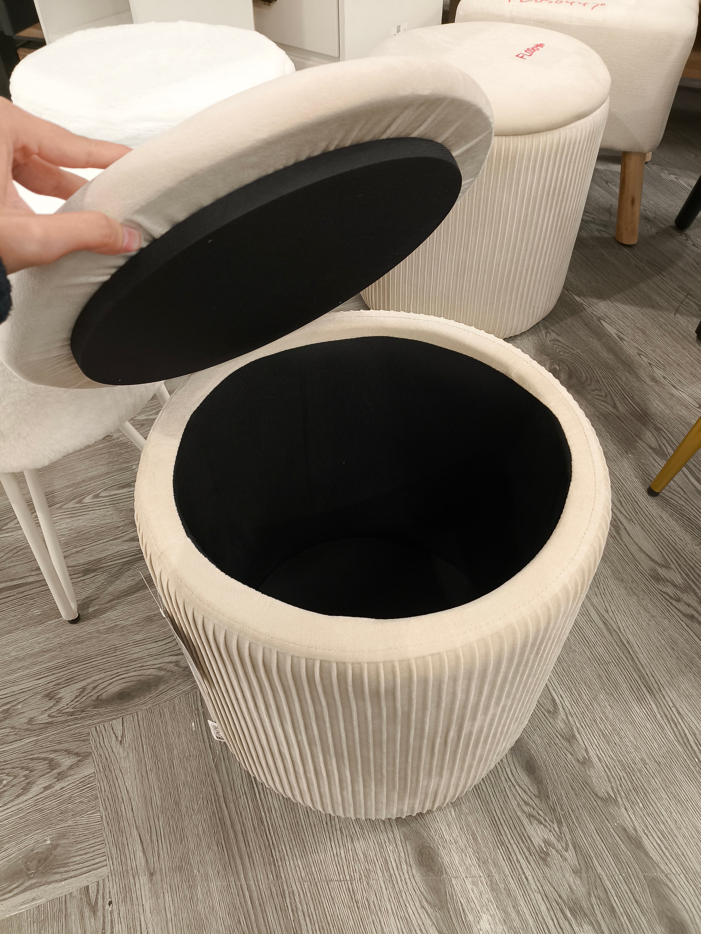 Velvet Upholstered Round Storage Ottoman Beige