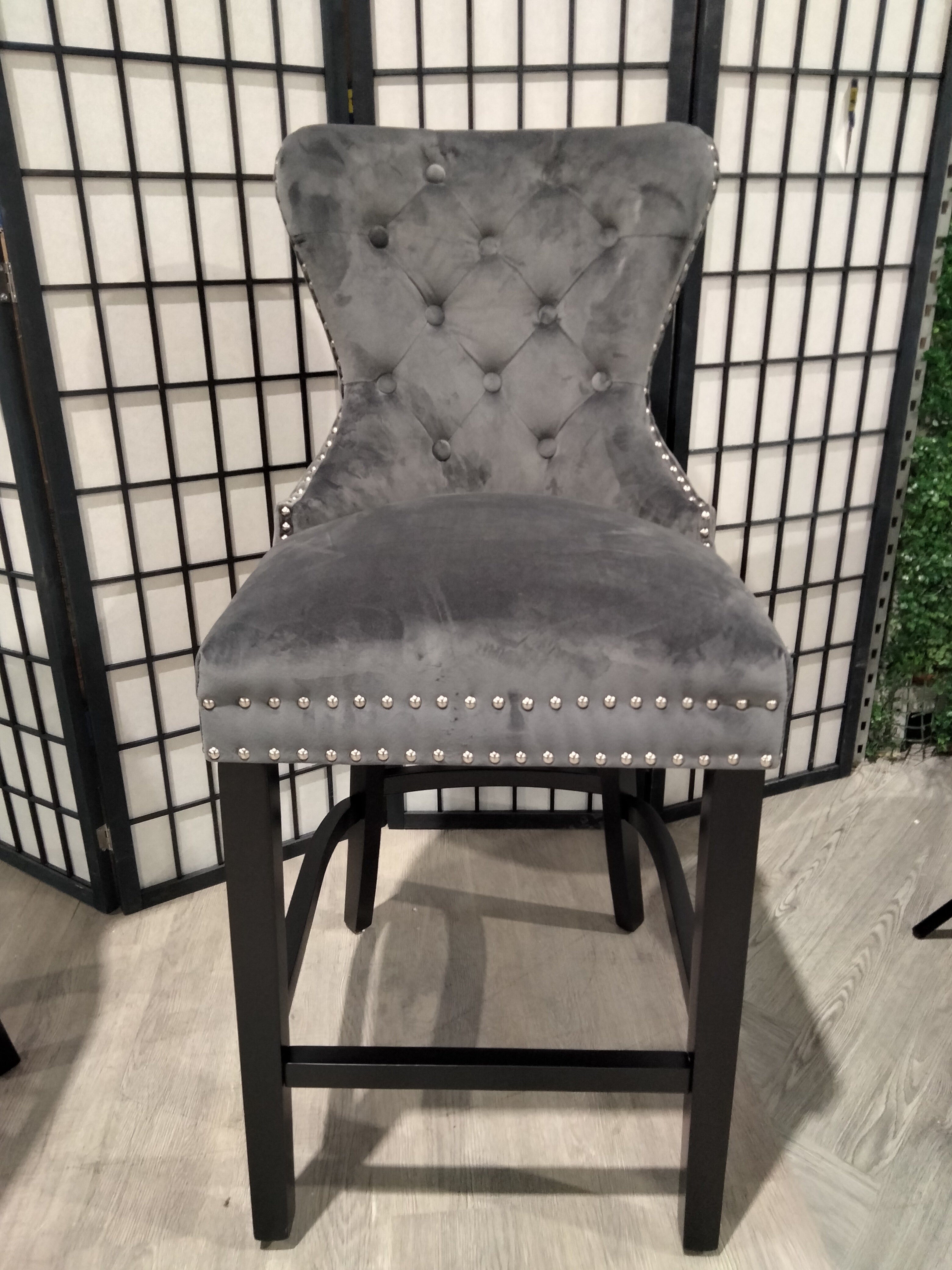 Grey Velvet Nailhead Buttoned Bar Stool with Black Wooden Legs