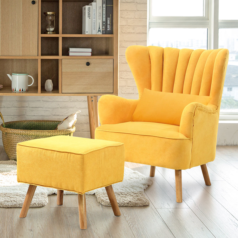 New Yellow Faux Wool Armchair with a Footstool and Cushion