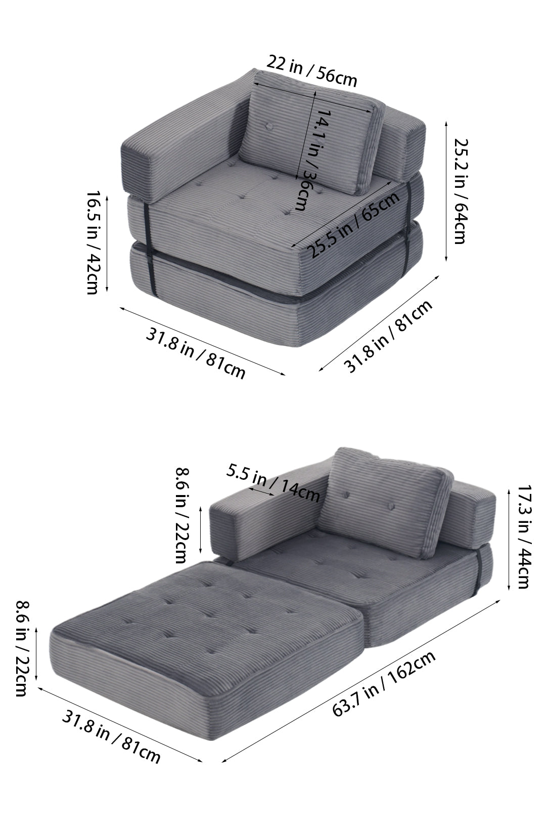 Corduroy Button Tufted Folding Sofa Bed with Pillow Grey