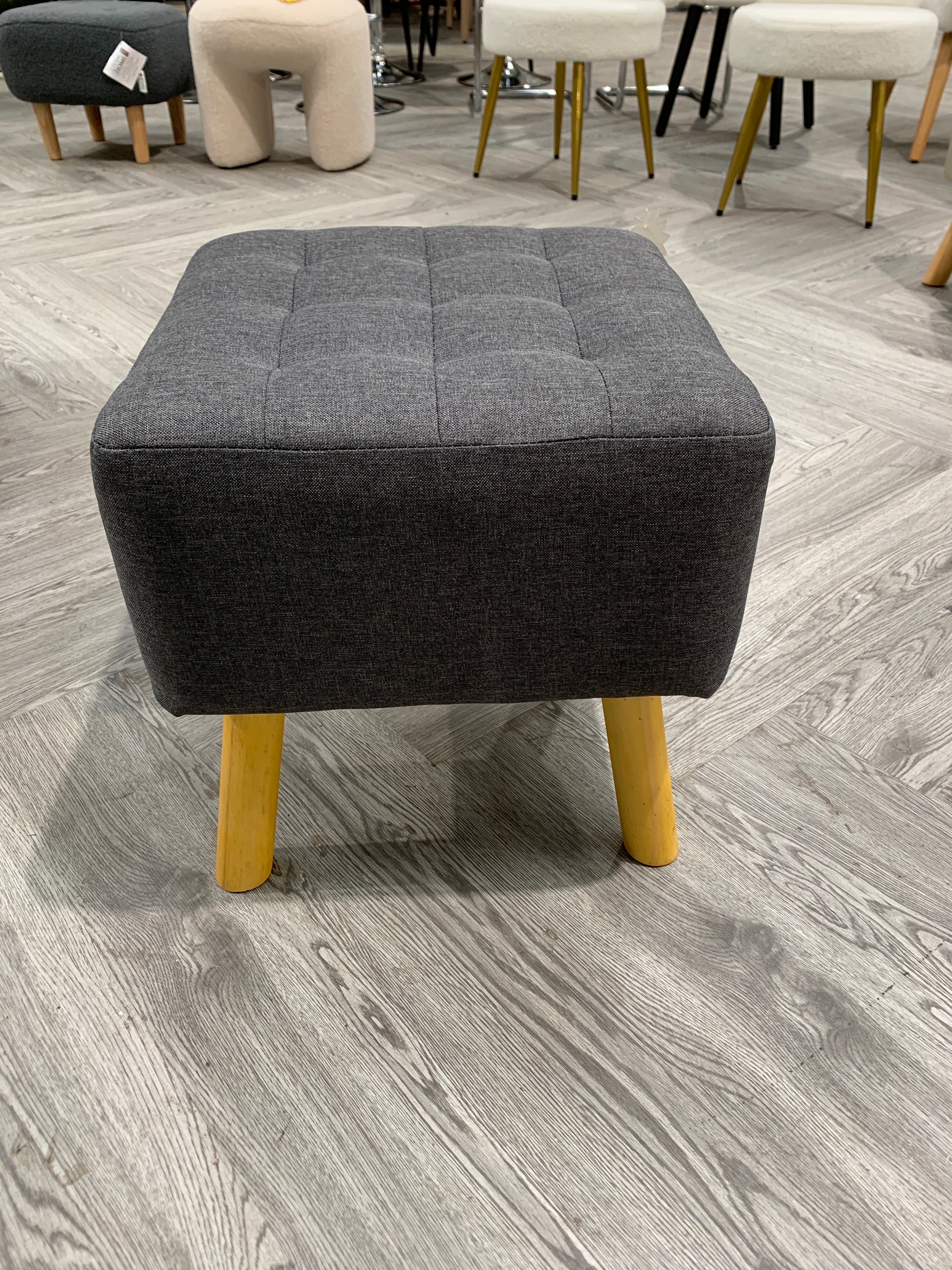 Linen Fabric Padded Wooden Leg Footstool Dark Grey