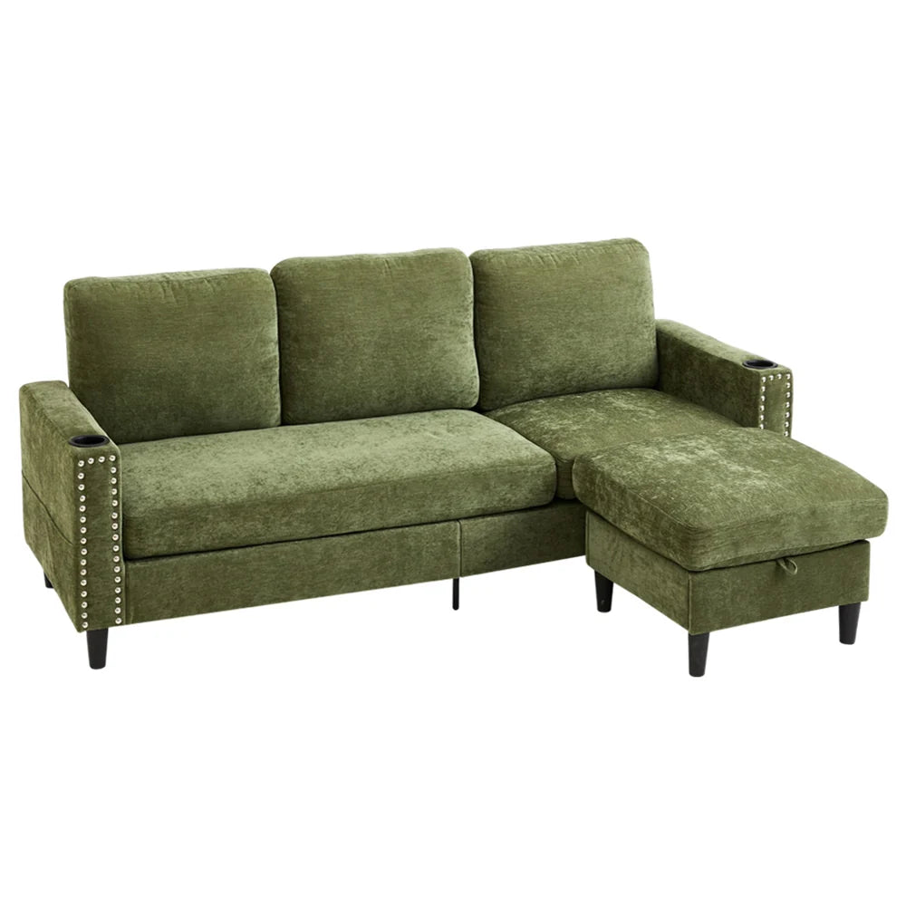 New Modern Nailhead Trim Sofa with Footrest Green