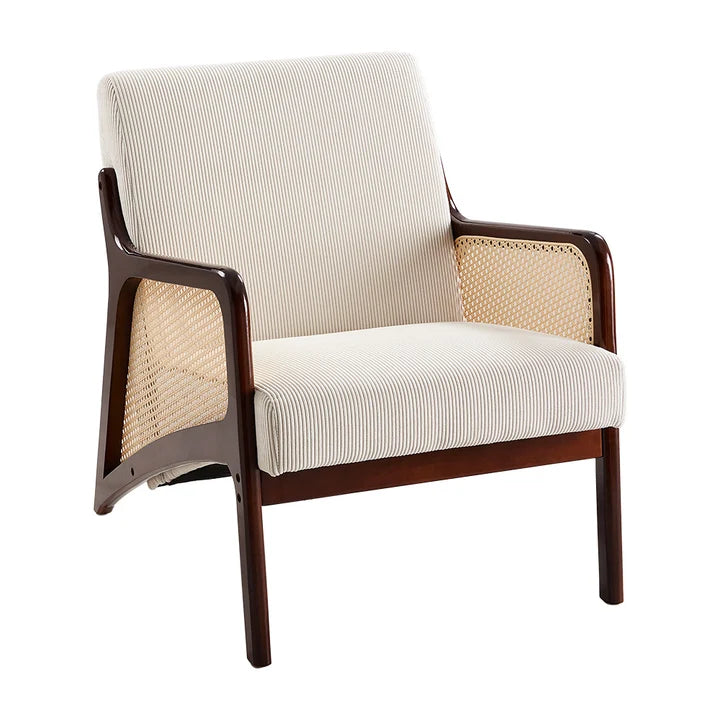 New Beige Corduroy Armchair with Rattan Armrest