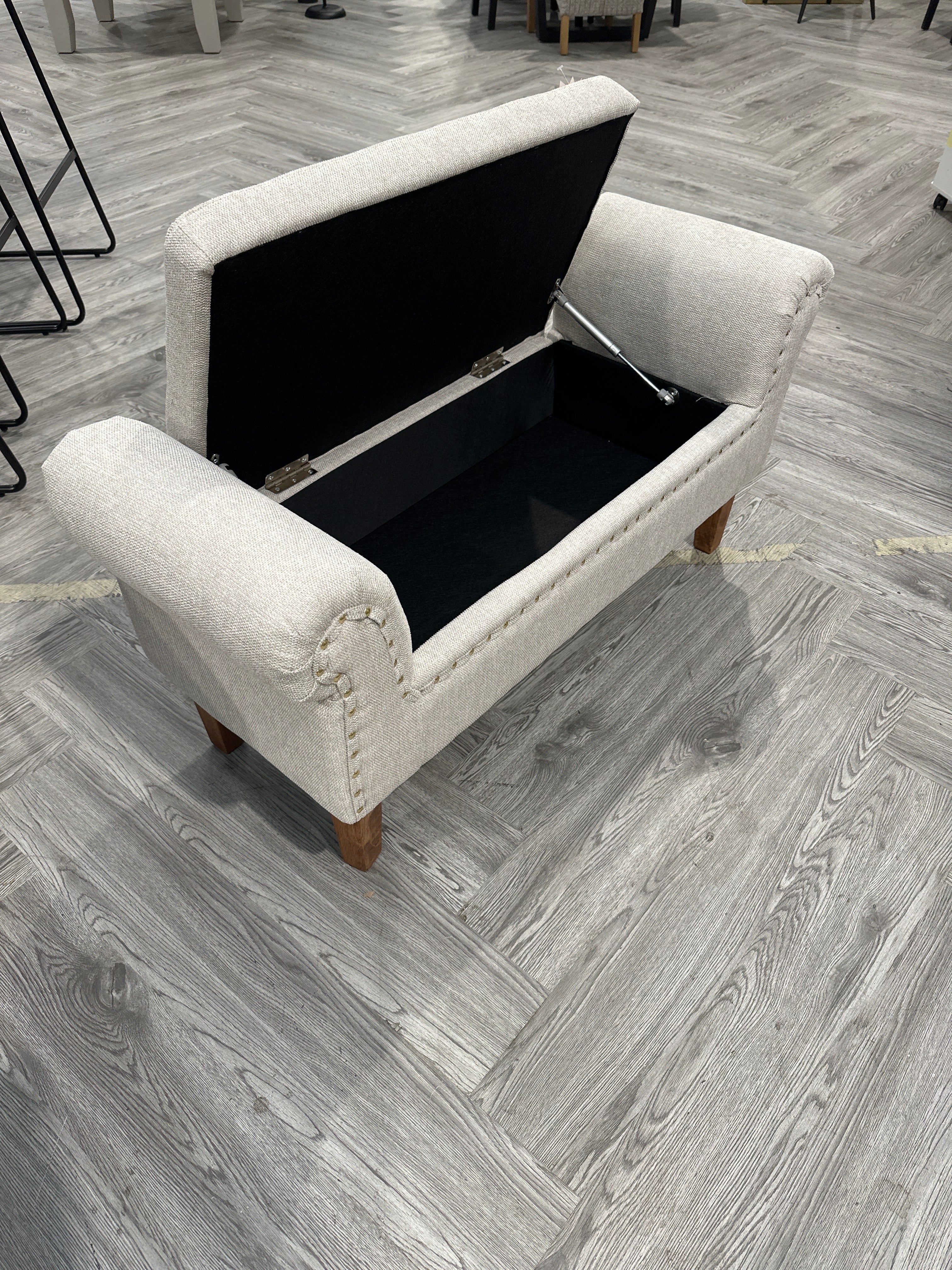 Beige Linen Upholstered Storage Bench with Nailhead Trim