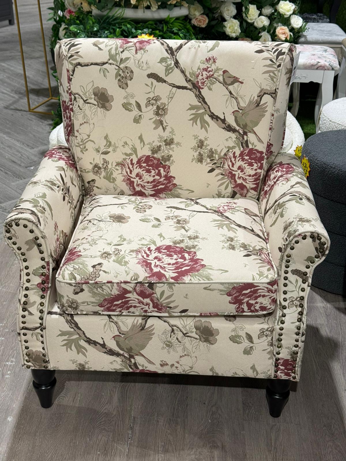 Retro Flower Studded Armchair with 4 Chunky Wooden Legs