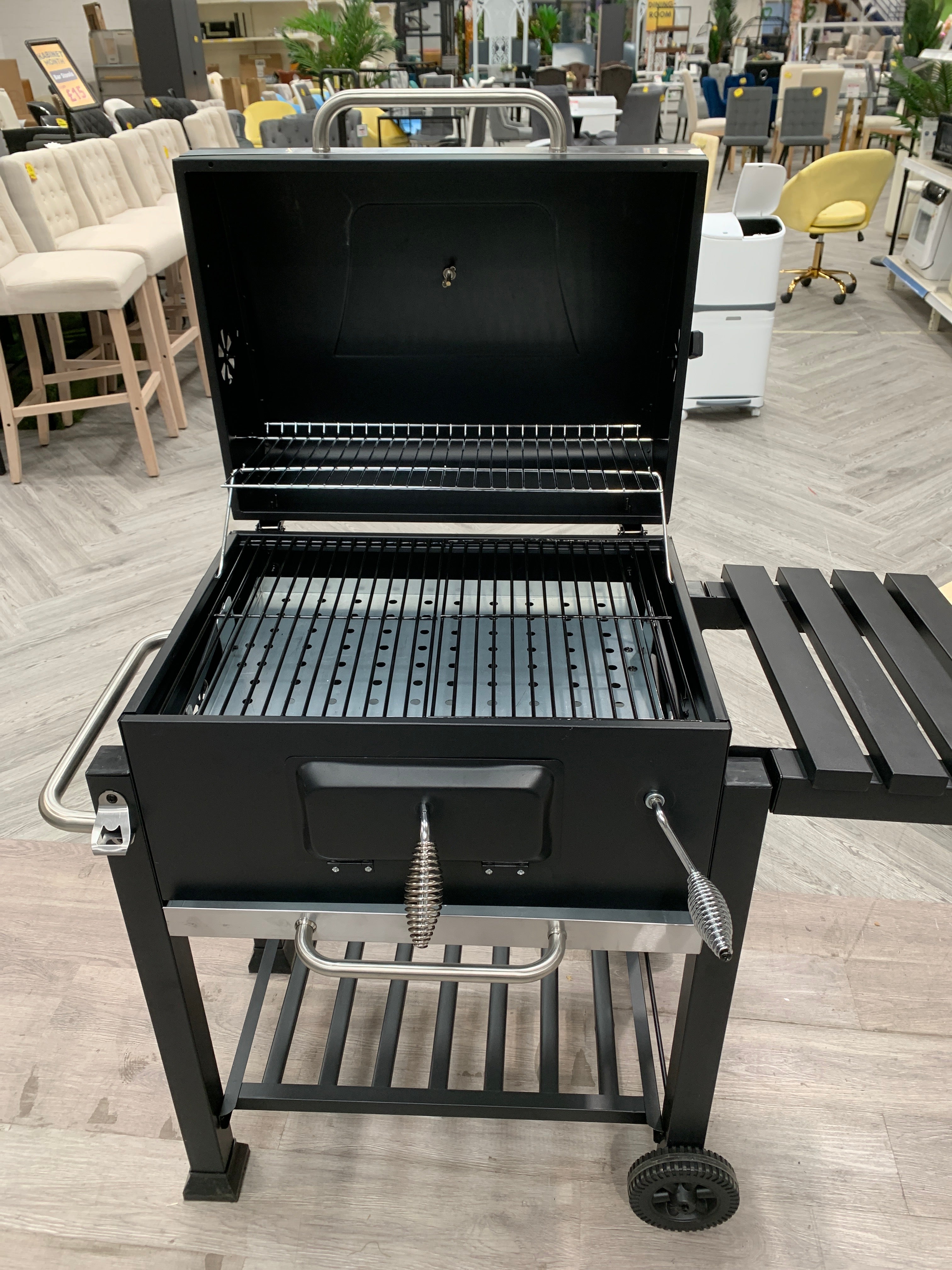 Black Steel Charcoal BBQ Grill with Wheels and Side Shelves