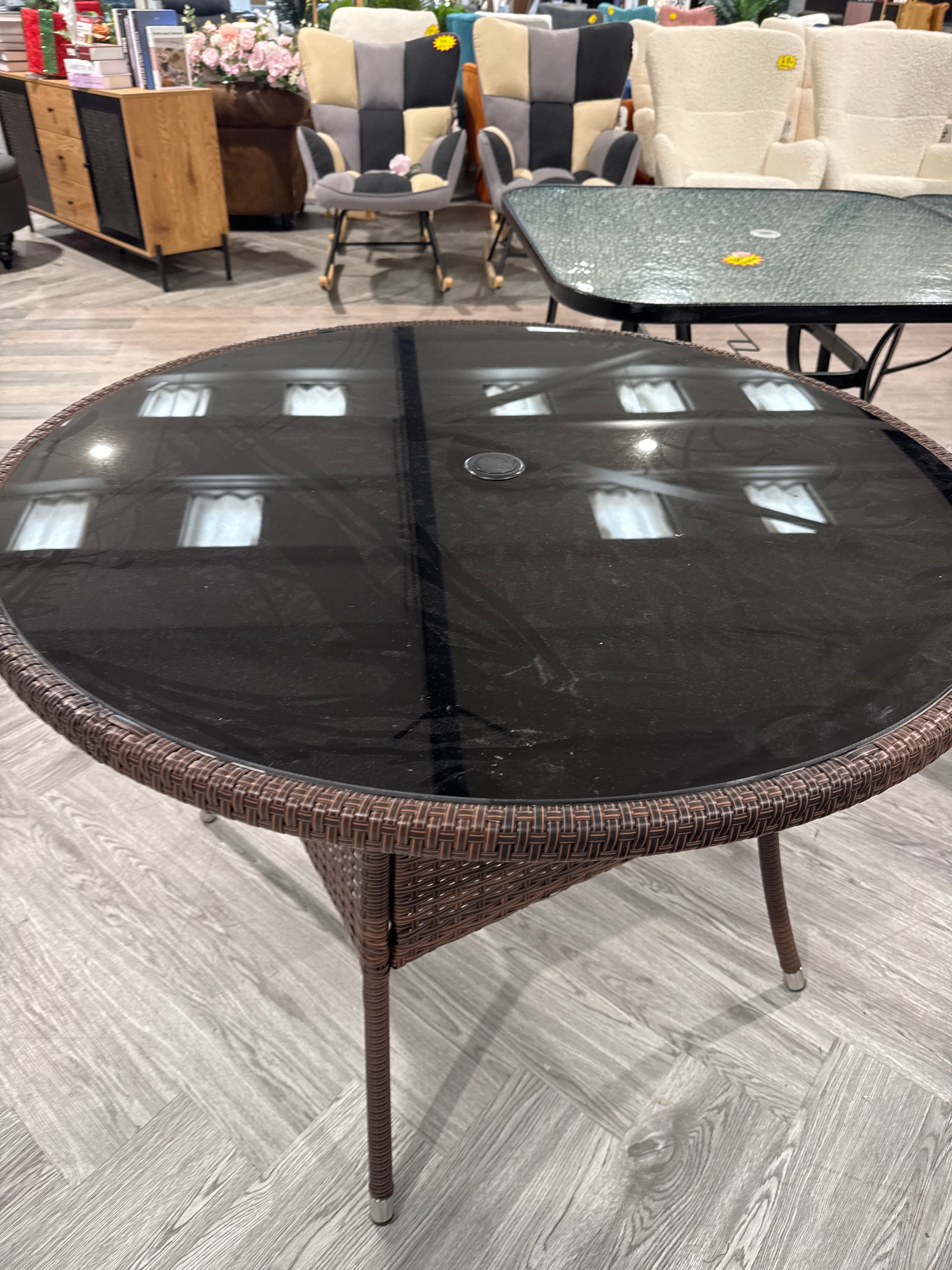 Brown Round Garden Wicker Tempered Glass Table with Parasol Hole 105cm Dia