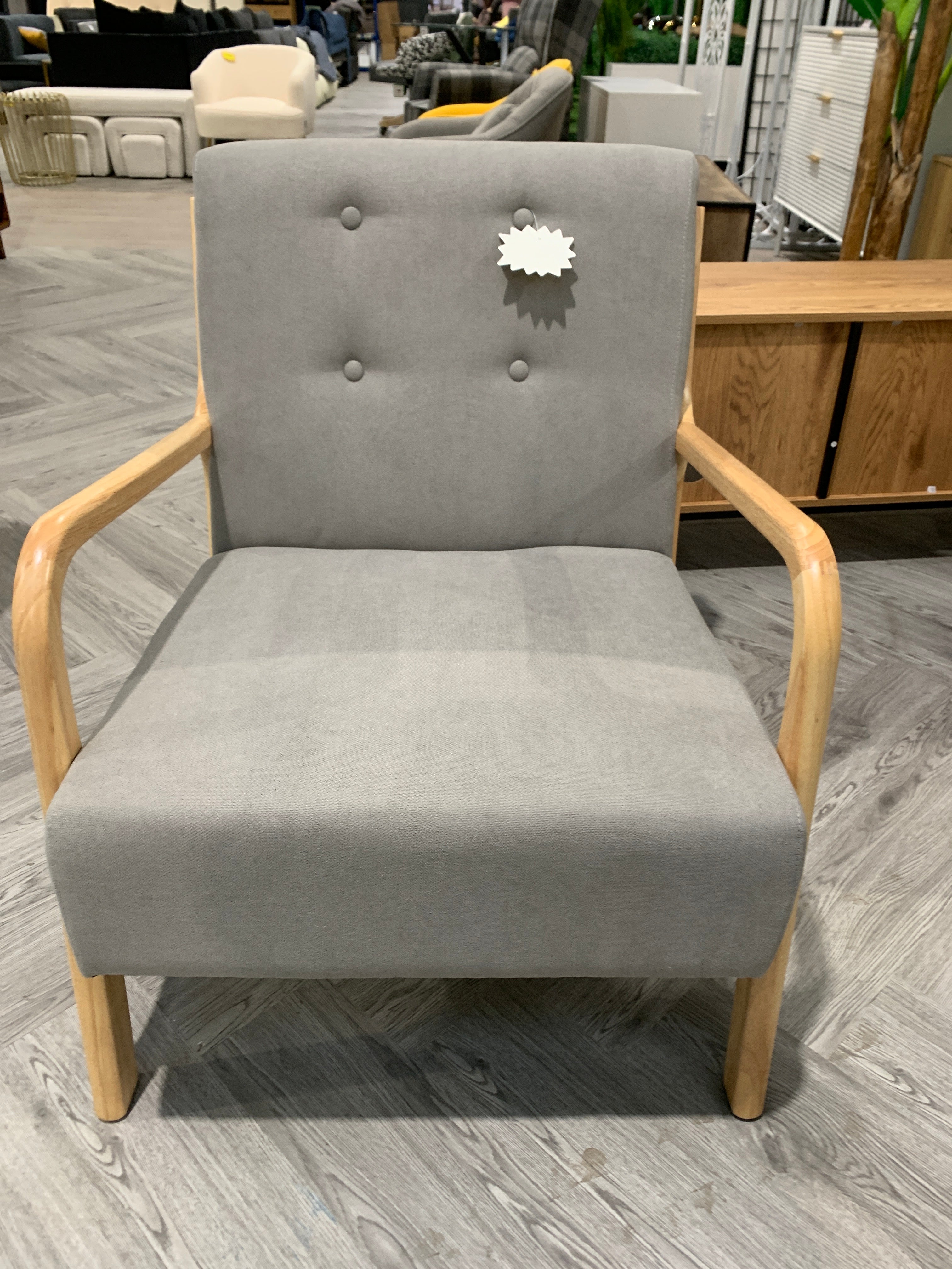 Grey Solid Wooden Frame Upholstered Tufted Armchair