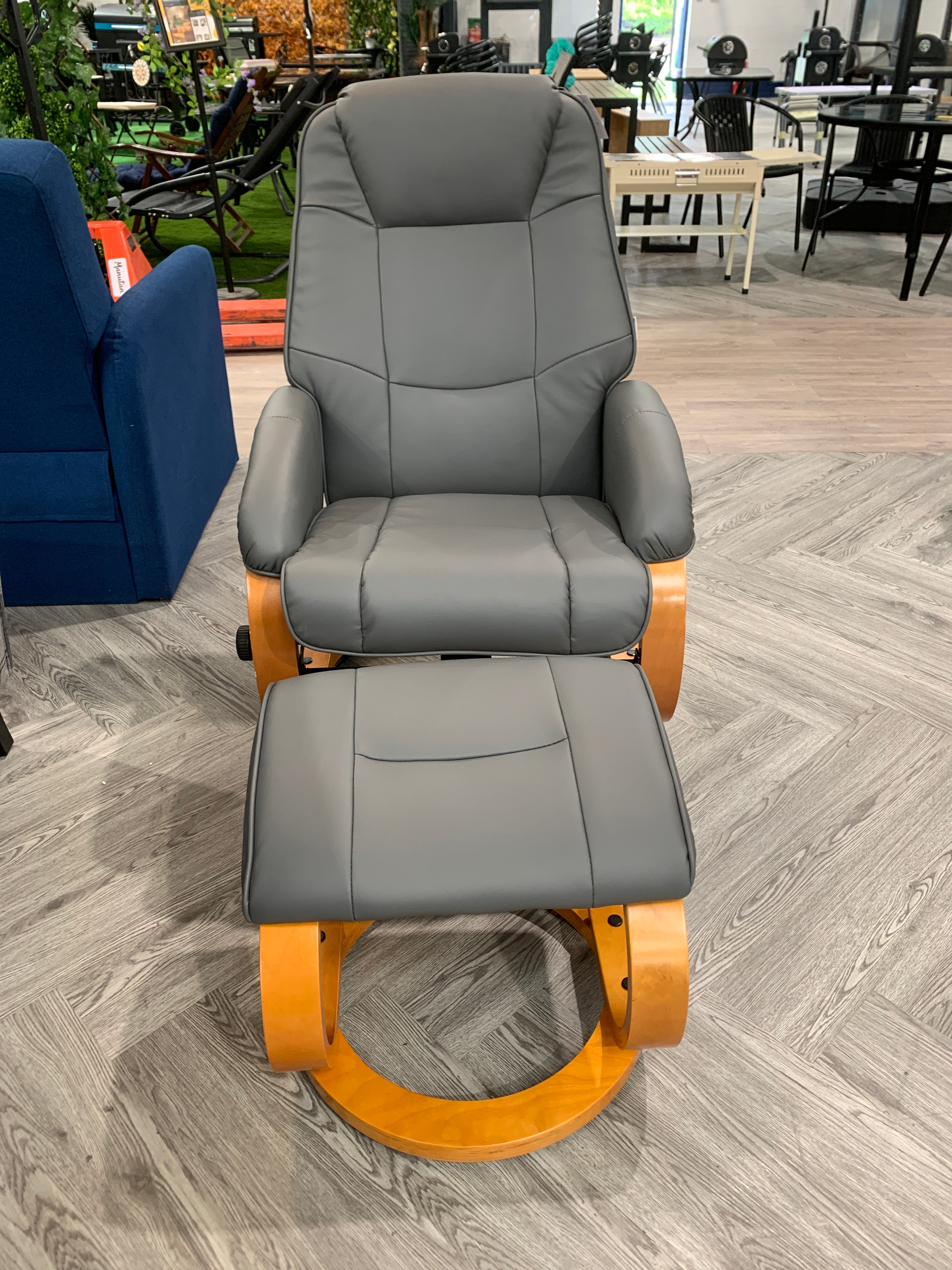 Grey PU Leather Executive Office Reclining Chair with Footstool