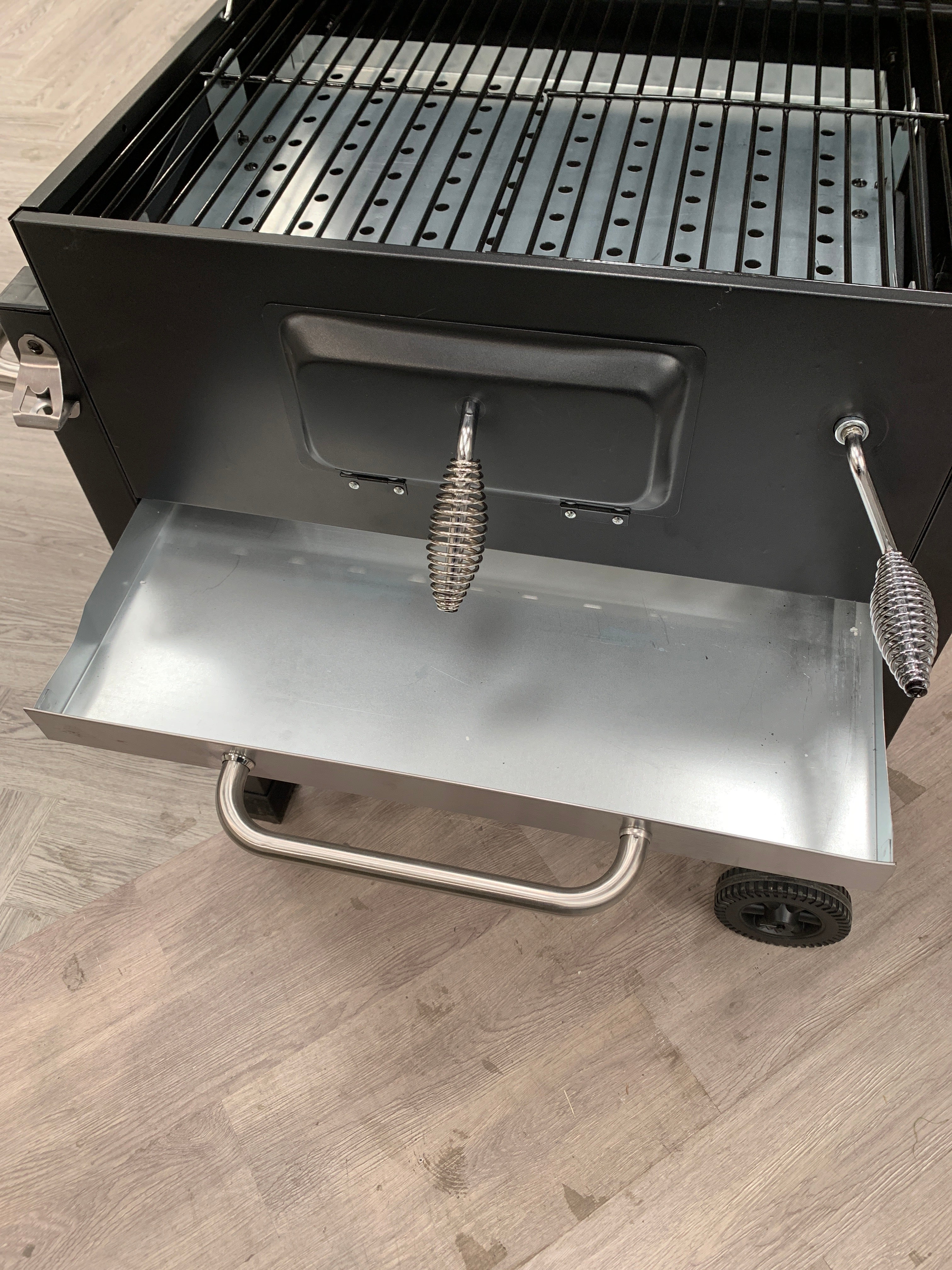 Black Steel Charcoal BBQ Grill with Wheels and Side Shelves