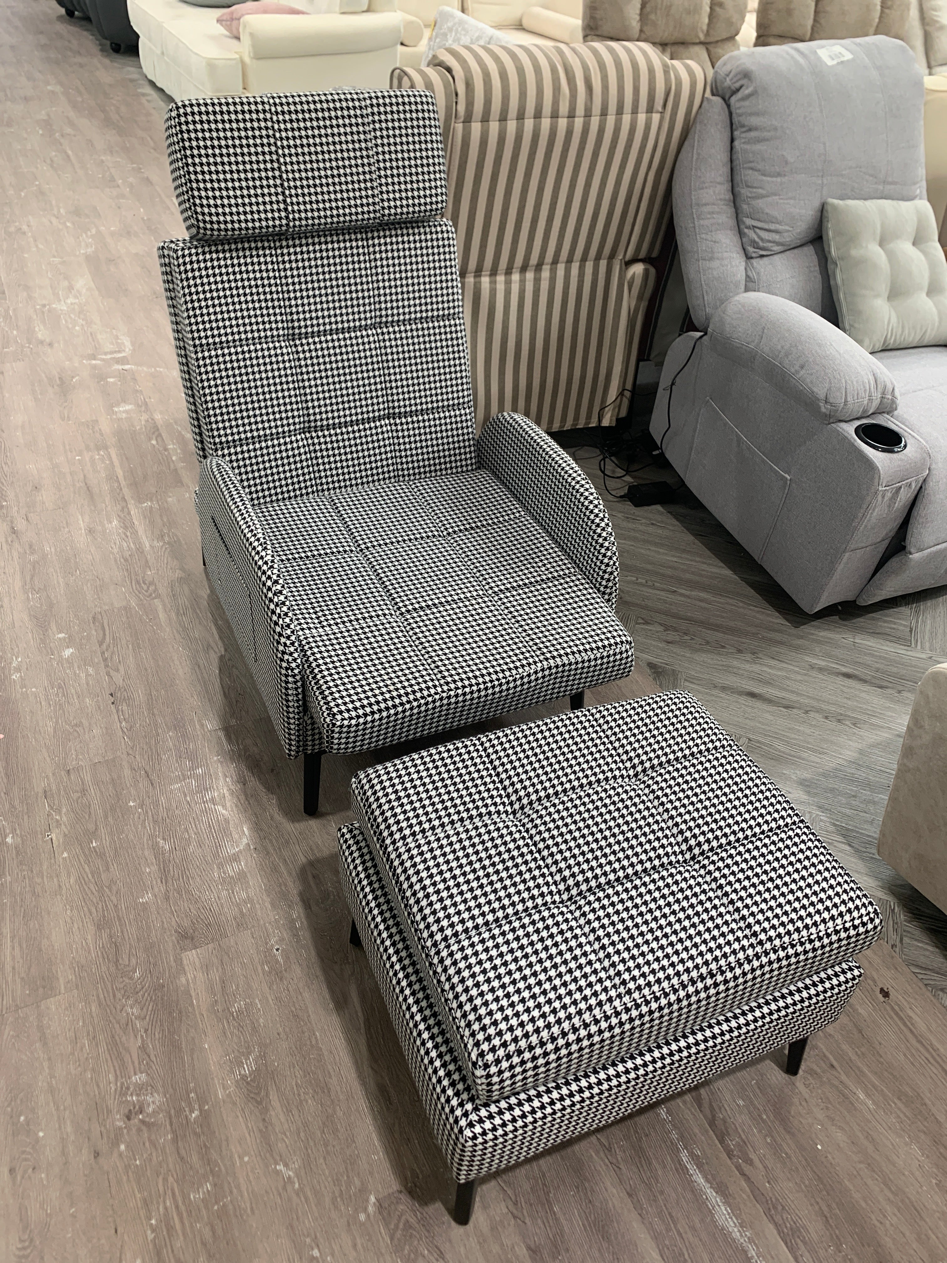 Modern Checked Recliner with Footstool Black and White