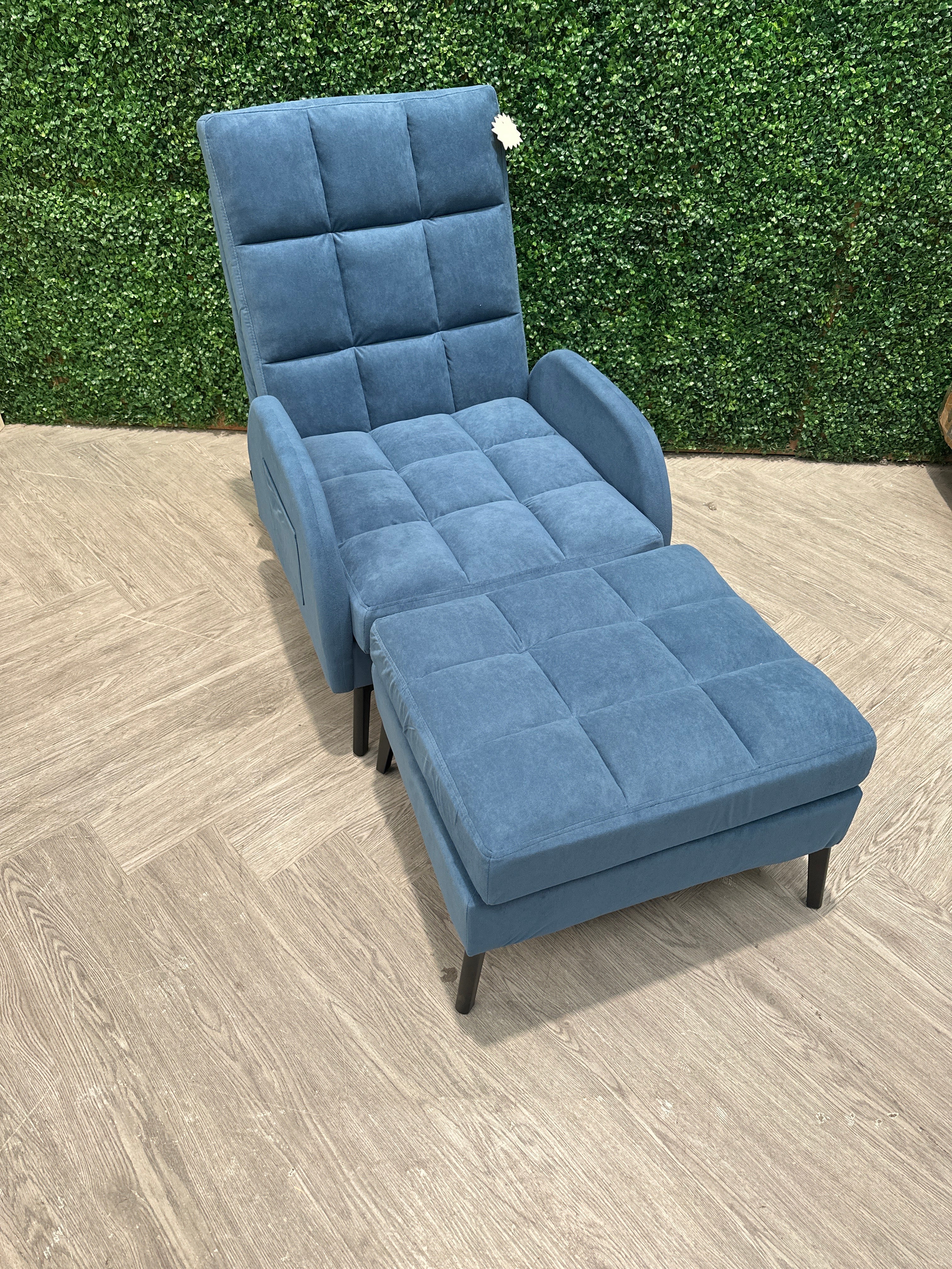 Velvet Upholstered Adjustable Recliner Armchair with Footstool and Metal Legs Blue